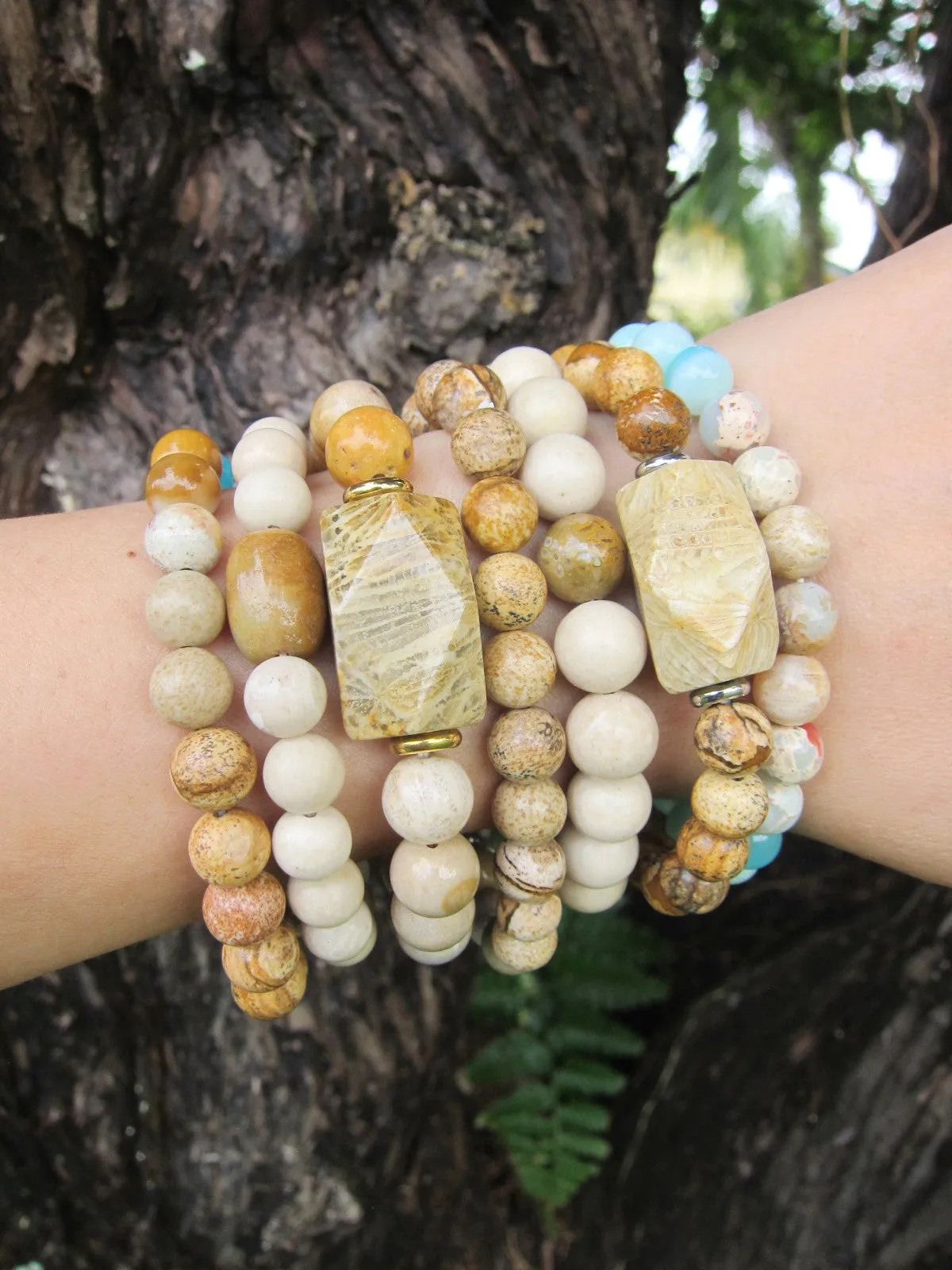 3 piece set - River Stone, Fossil Coral, Teal Blue Jade Mala Bracelets