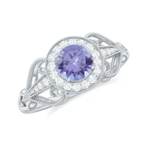 3/4 CT Tanzanite and Diamond Vintage Milgrain Ring