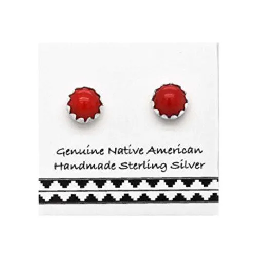 4mm Red Coral Stud Earrings, 925 Solid Sterling Silver, Native American USA Handmade, Nickel Free