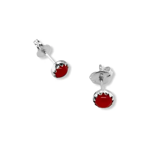 4mm Red Coral Stud Earrings, 925 Solid Sterling Silver, Native American USA Handmade, Nickel Free