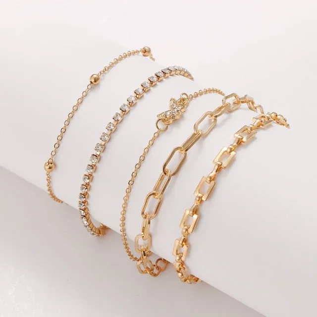 4Pcs Punk Heavy Metal Big Thick Chain Bracelet Set Women Retro Geometric Metal Twist Chain Bangles Bracelet Fashion Jewelry