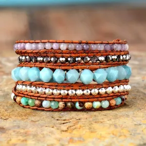 5 Strand Gemstone Leather Wrap Bracelet for Women