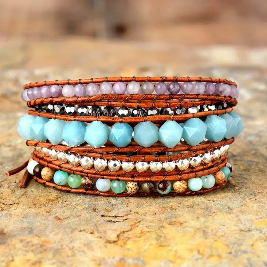 5 Strand Gemstone Leather Wrap Bracelet for Women