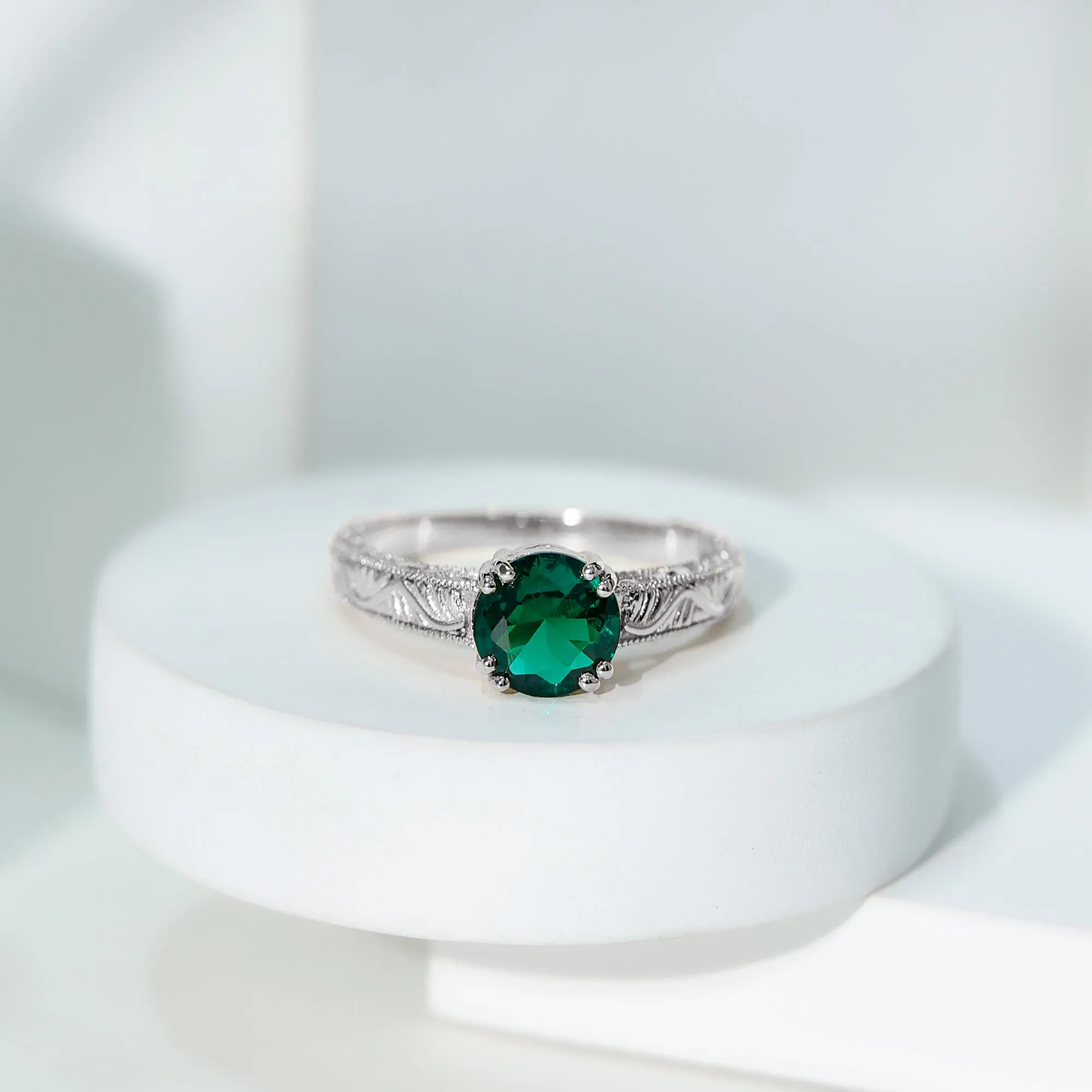 8 MM Created Emerald Solitaire Ring with Gold Carved Shank