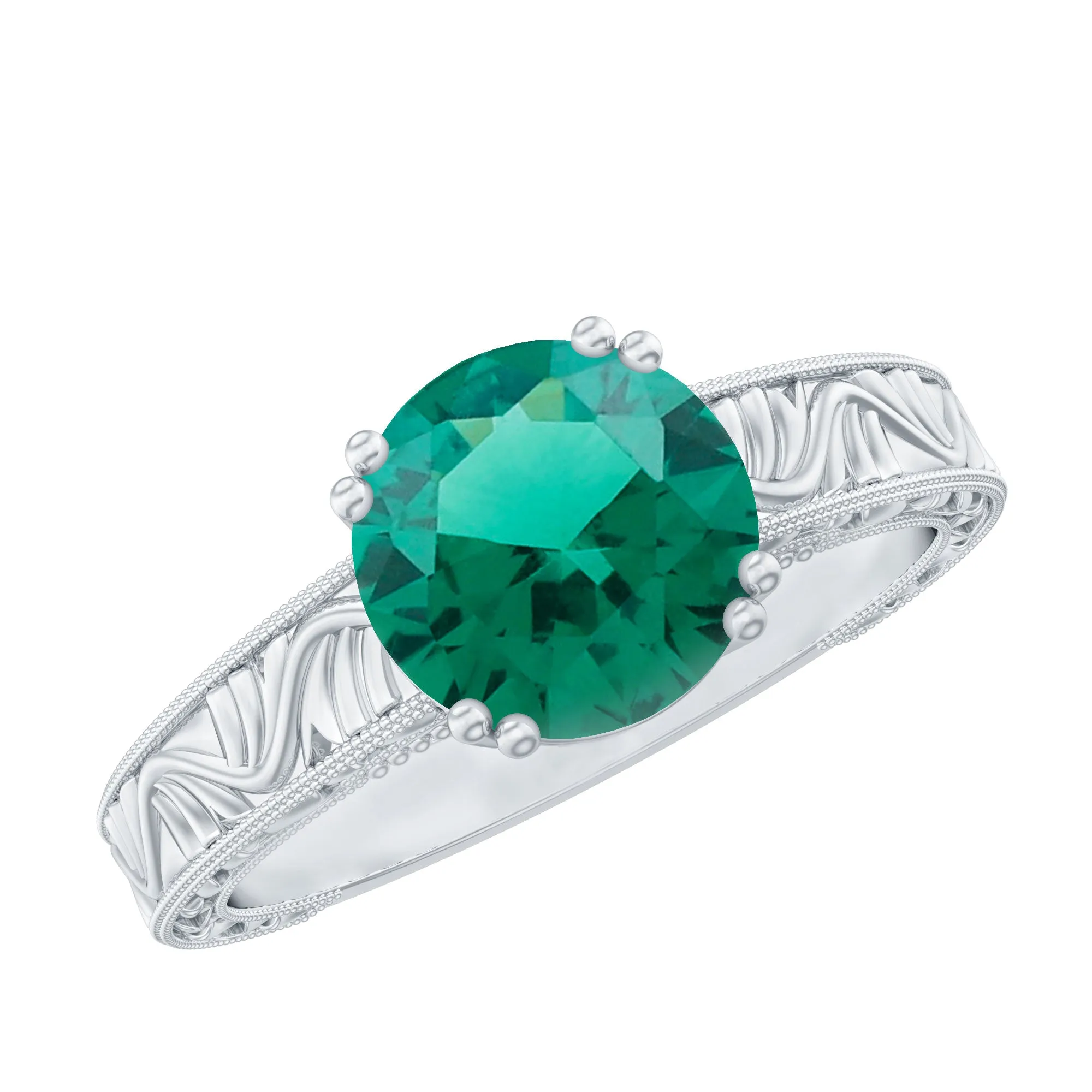 8 MM Created Emerald Solitaire Ring with Gold Carved Shank