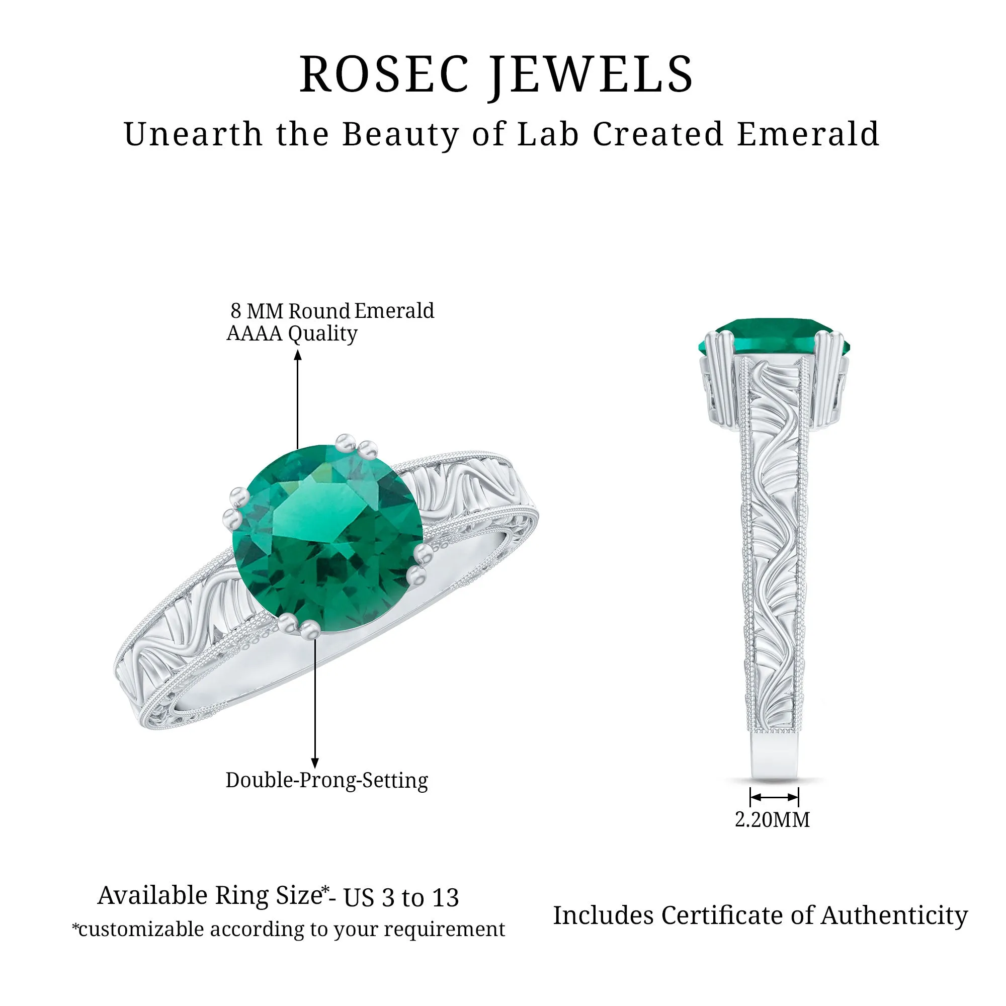 8 MM Created Emerald Solitaire Ring with Gold Carved Shank