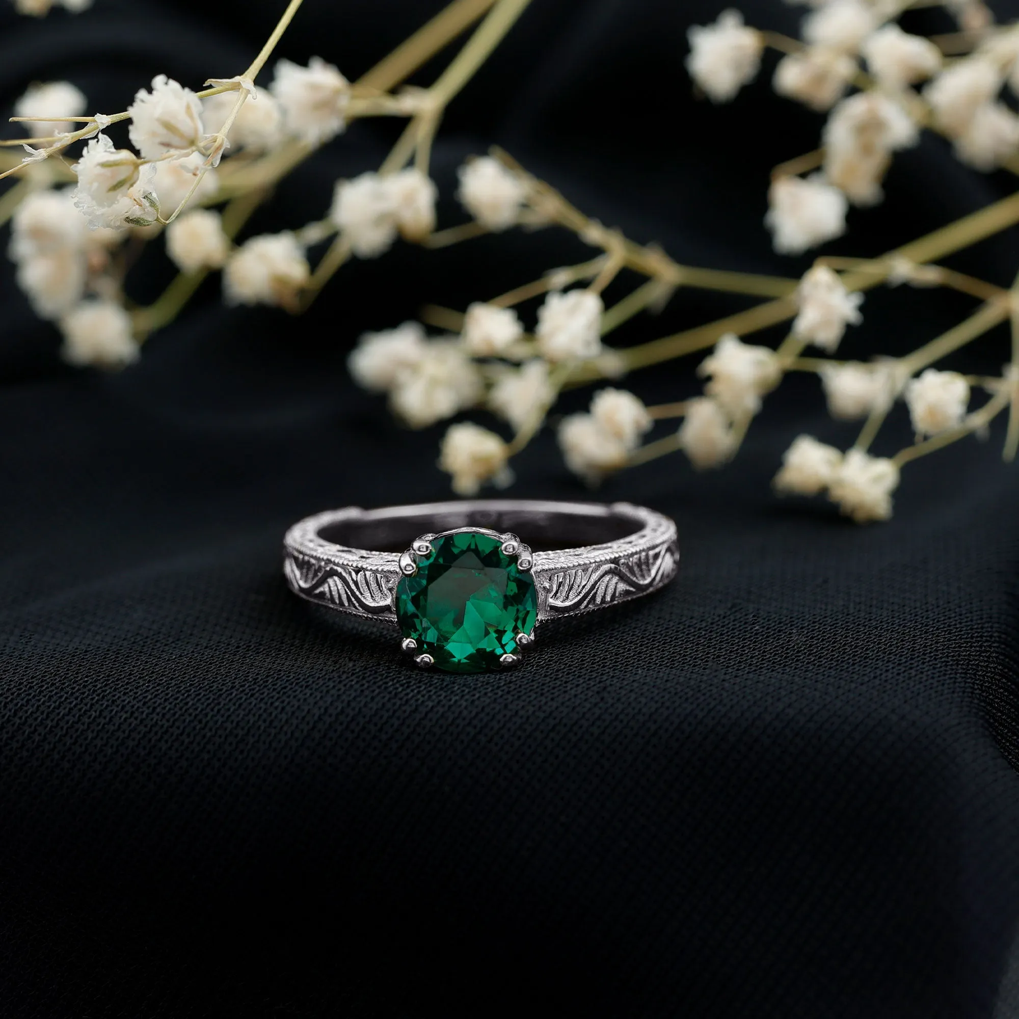 8 MM Created Emerald Solitaire Ring with Gold Carved Shank