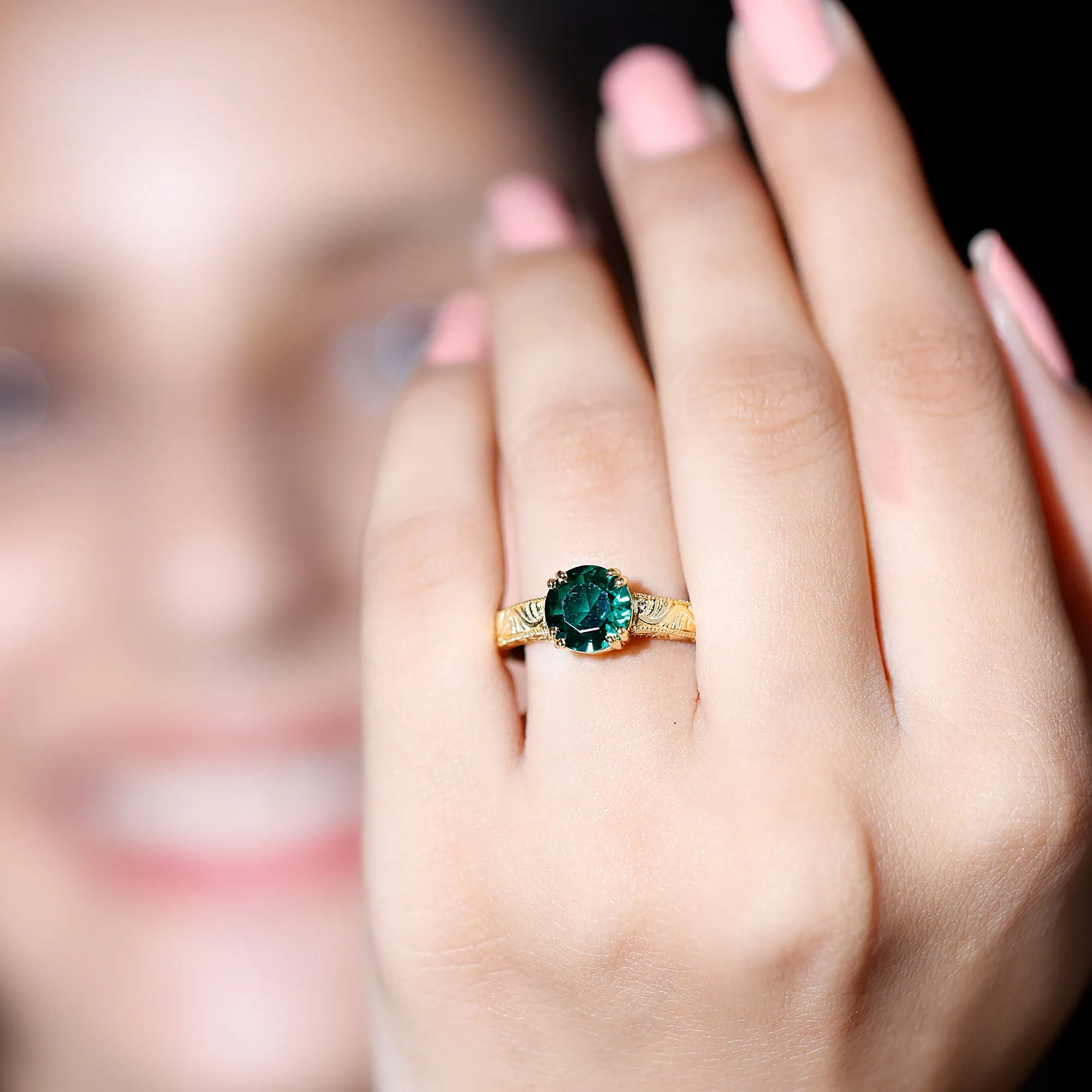 8 MM Created Emerald Solitaire Ring with Gold Carved Shank