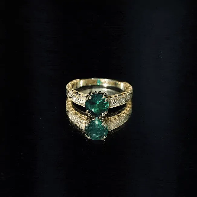 8 MM Created Emerald Solitaire Ring with Gold Carved Shank