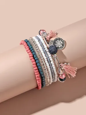 8pcs Tassel Charm Coral Pink Blue Beaded Bracelet Women Bracelet Stackable