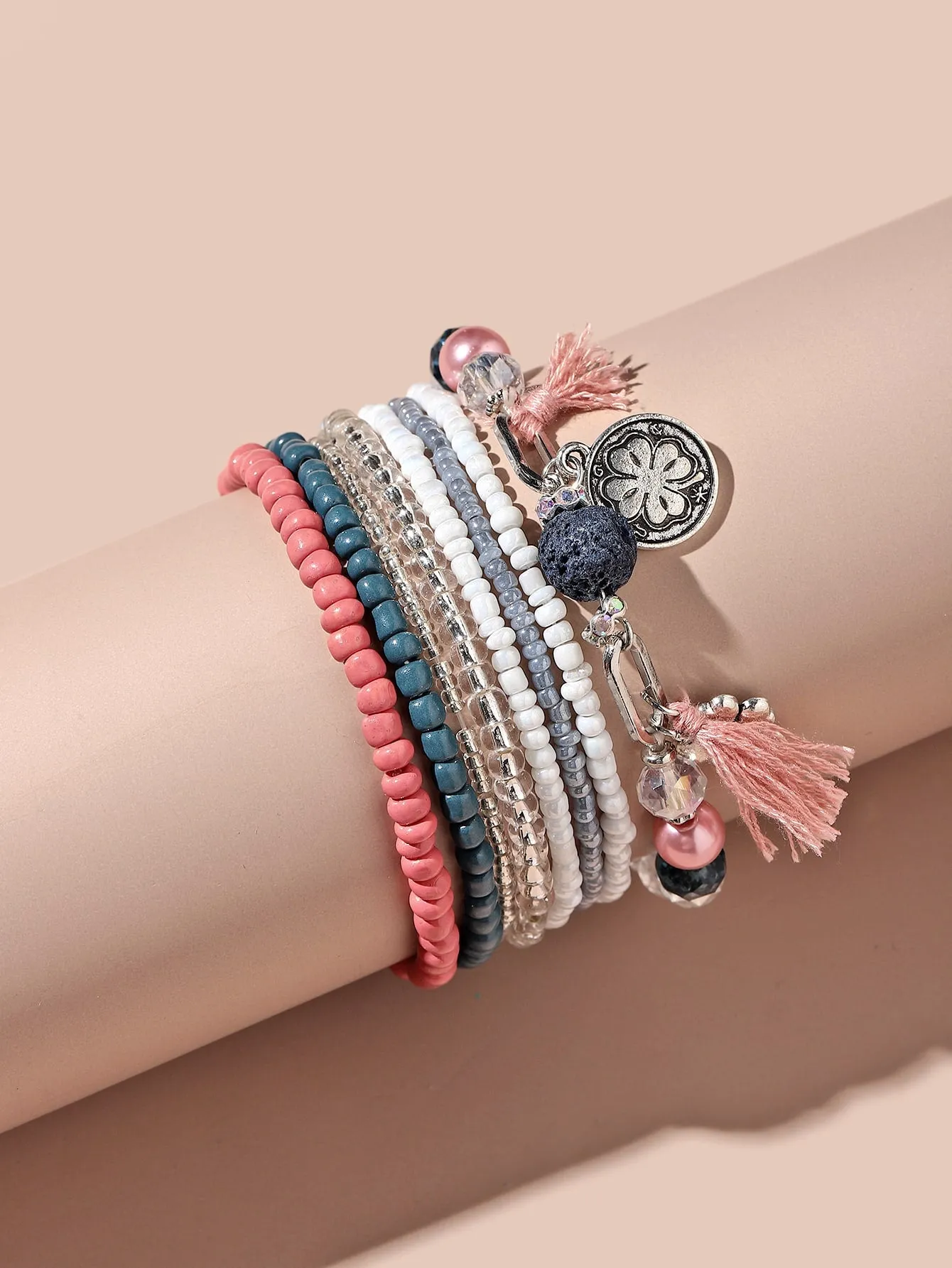 8pcs Tassel Charm Coral Pink Blue Beaded Bracelet Women Bracelet Stackable