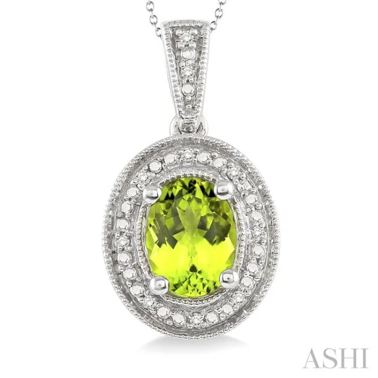 8x6 MM Oval Cut Peridot and 1/20 Ctw Single Cut Diamond Pendant in Sterling Silver with Chain