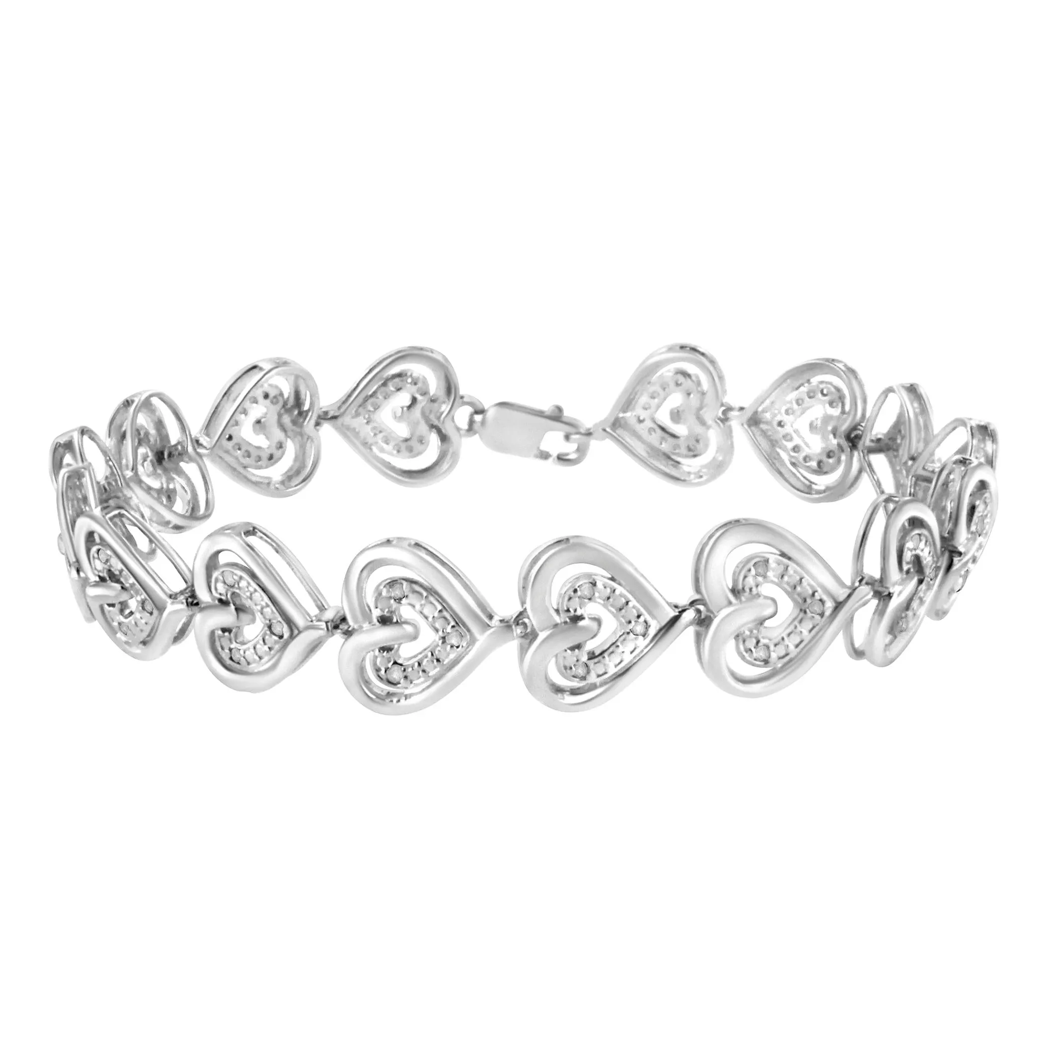 .925 Sterling Silver 1/4 Cttw Round-Cut Diamond Double Heart Link Bracelet (I-J Color, I2-I3 Clarity) - 7.25" Inches