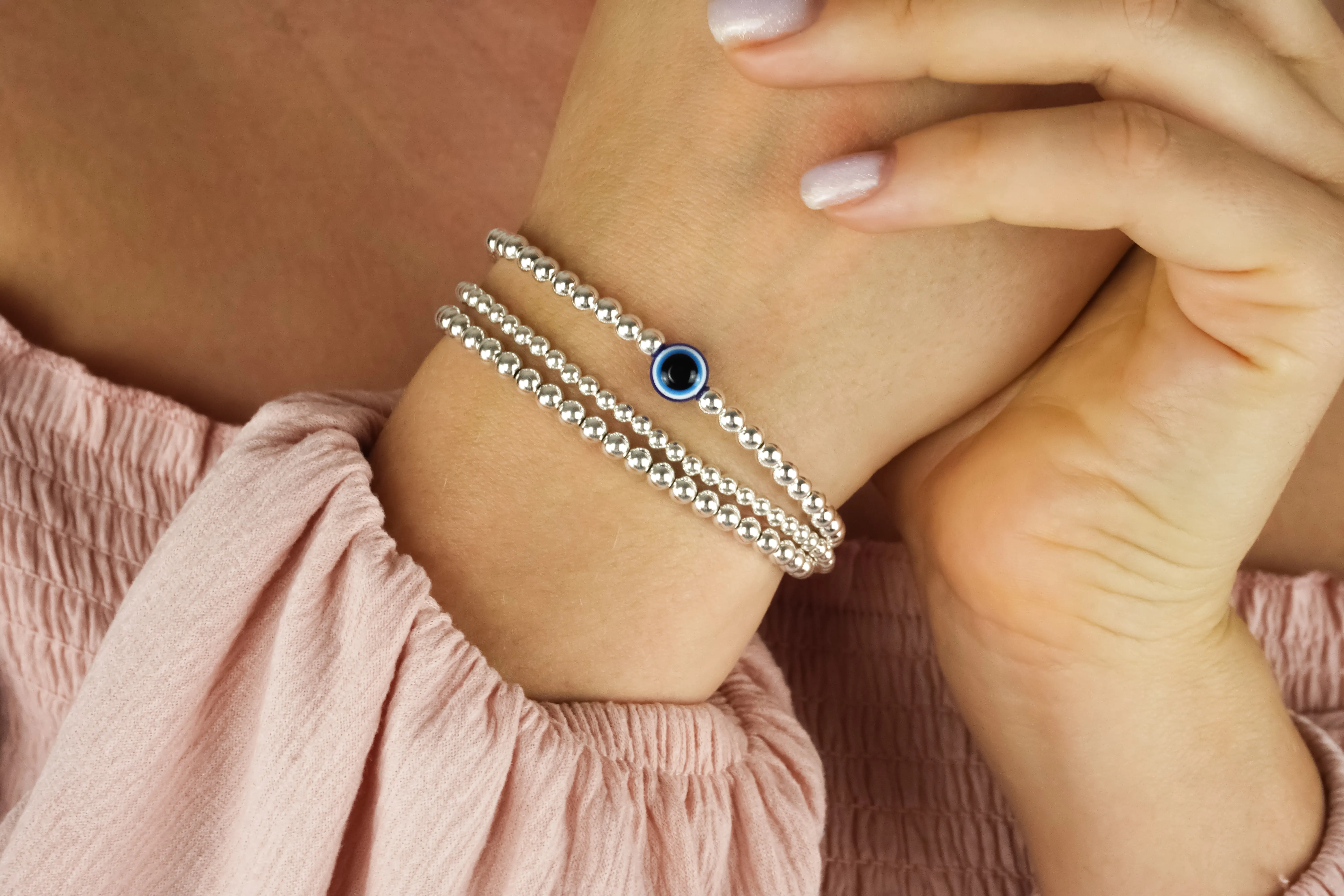 925 Sterling Silver Bracelet, Blue Evil Eye Charm, Evil Eye Bracelet, Stacked Bracelets, Evil Eye