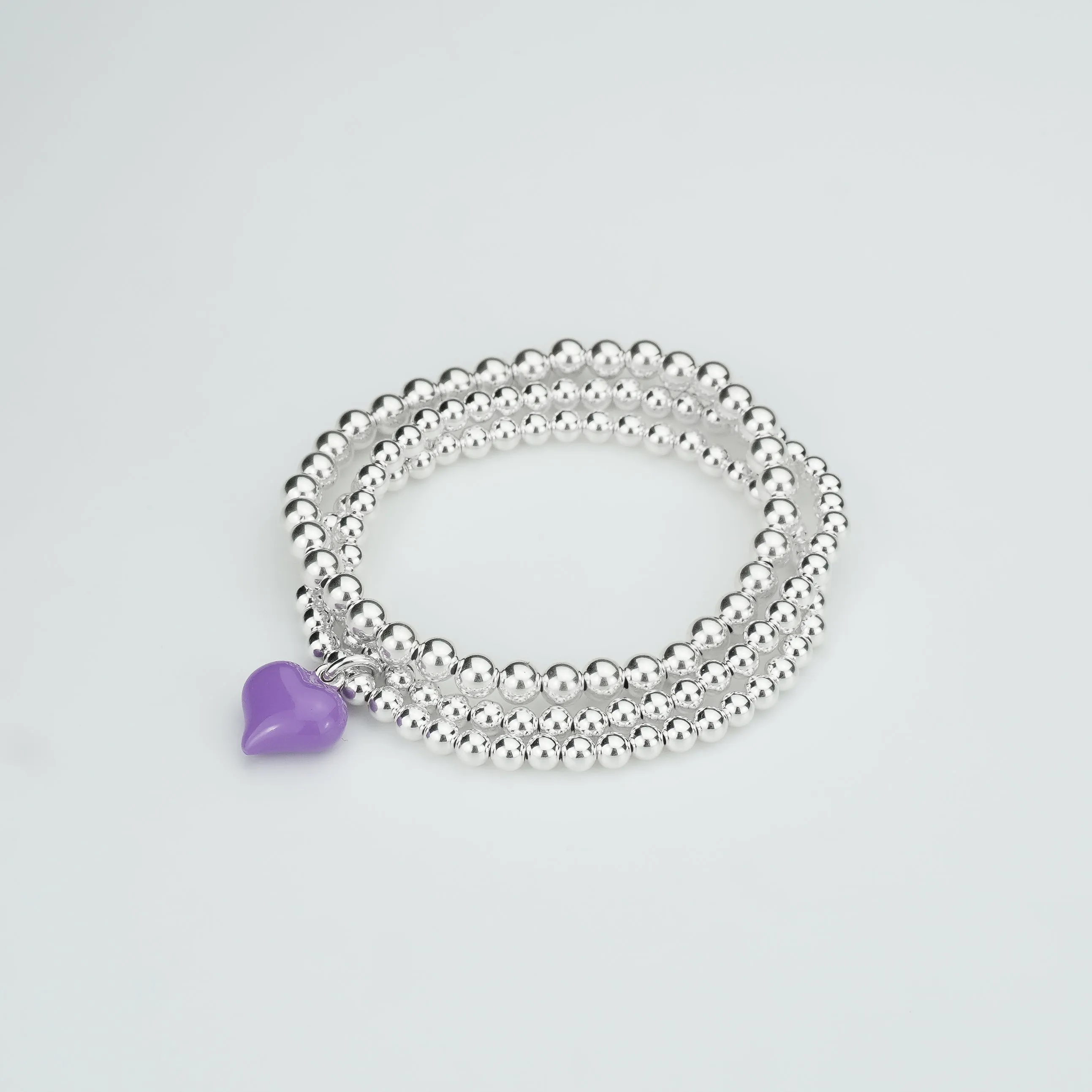 925 Sterling Silver Purple Puff Heart Charm Bracelet, Purple Heart Charm Bracelet, Heart Charm Bracelet, Stacked Bracelets