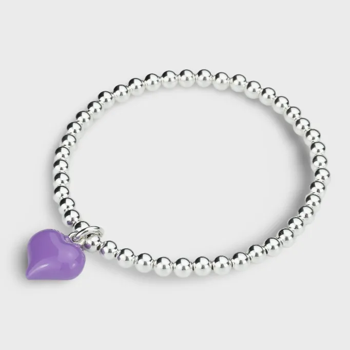 925 Sterling Silver Purple Puff Heart Charm Bracelet, Purple Heart Charm Bracelet, Heart Charm Bracelet, Stacked Bracelets