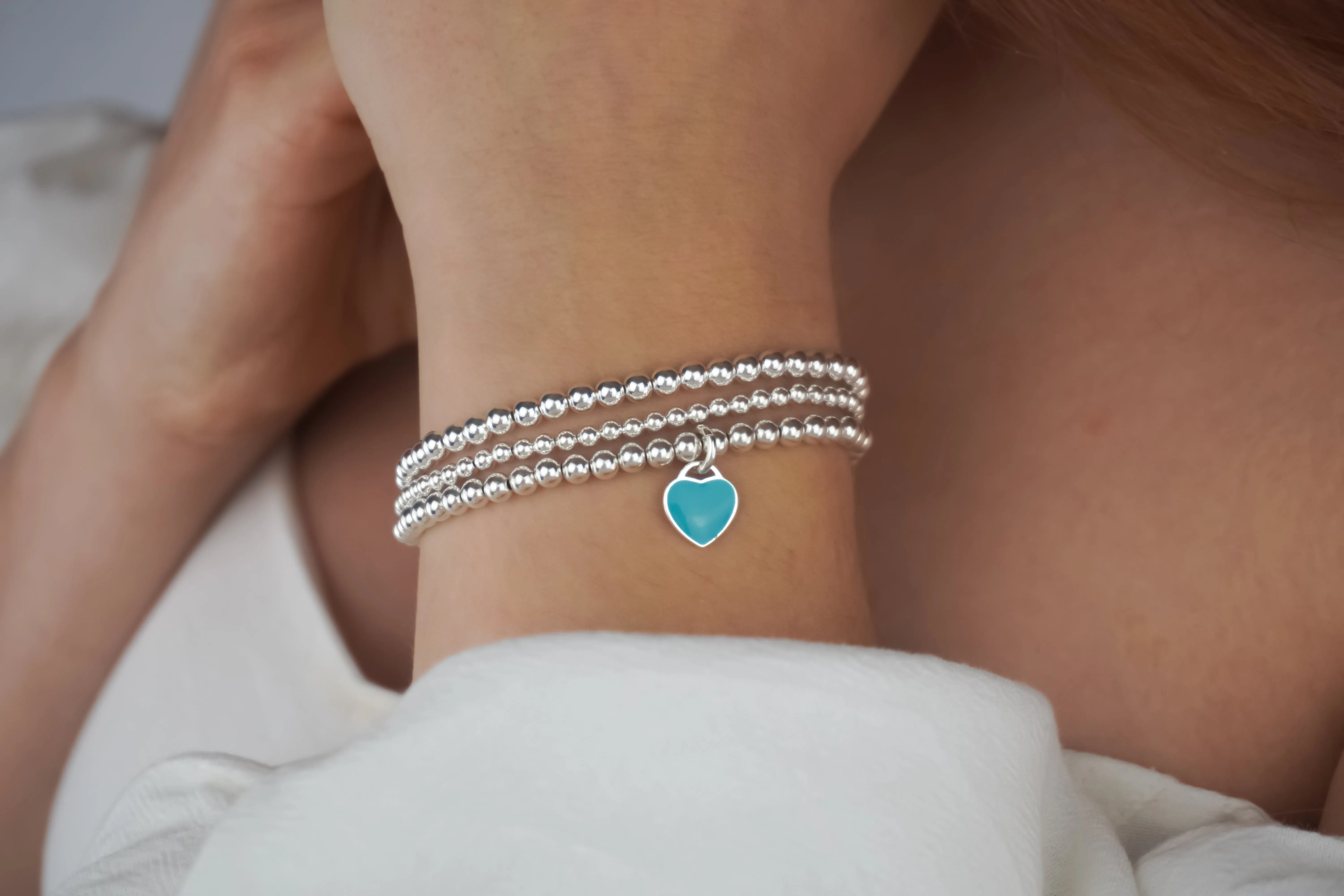 925 Sterling Silver Stretch Charm Bracelet, Turquoise Heart Charm Bracelet, Charm Bracelet, Stacked Bracelets