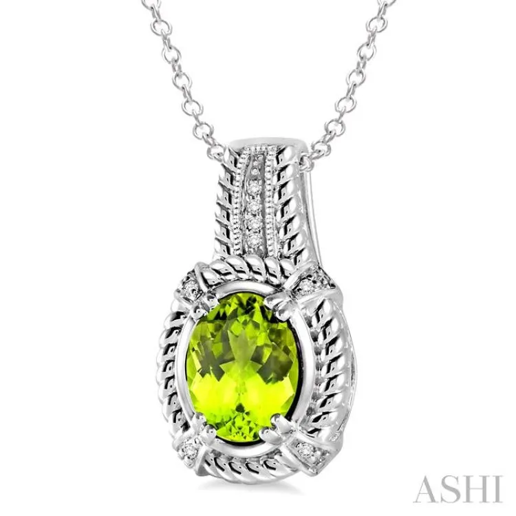 9x7  MM Oval Cut Peridot and 1/50 Ctw Single Cut Diamond Pendant in Sterling Silver with Chain