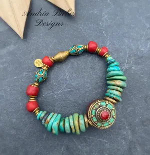 African brass, turquoise, Tibetan bead, indoneisan glass, elastic cording, bracelet, jewelry