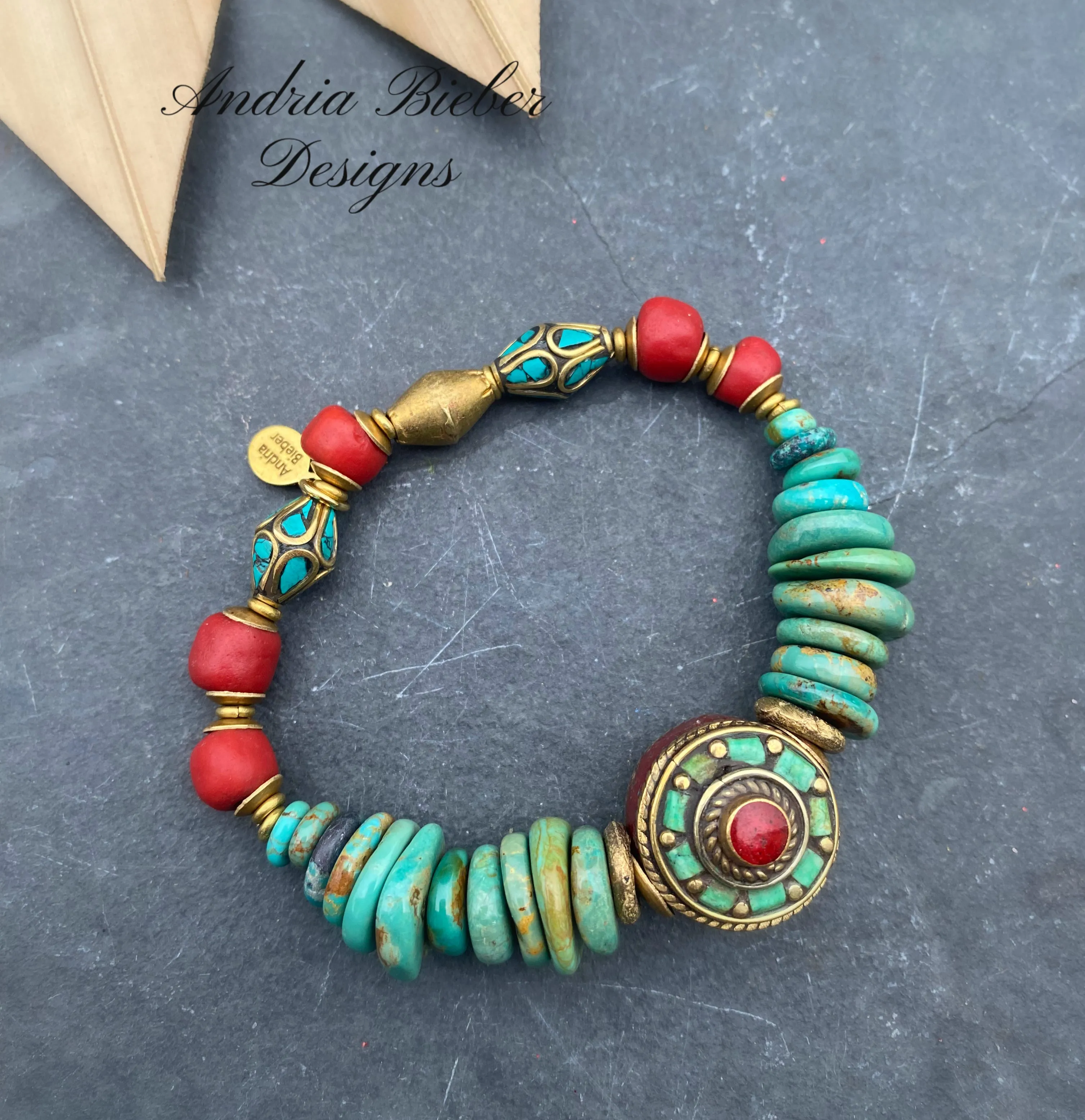 African brass, turquoise, Tibetan bead, indoneisan glass, elastic cording, bracelet, jewelry