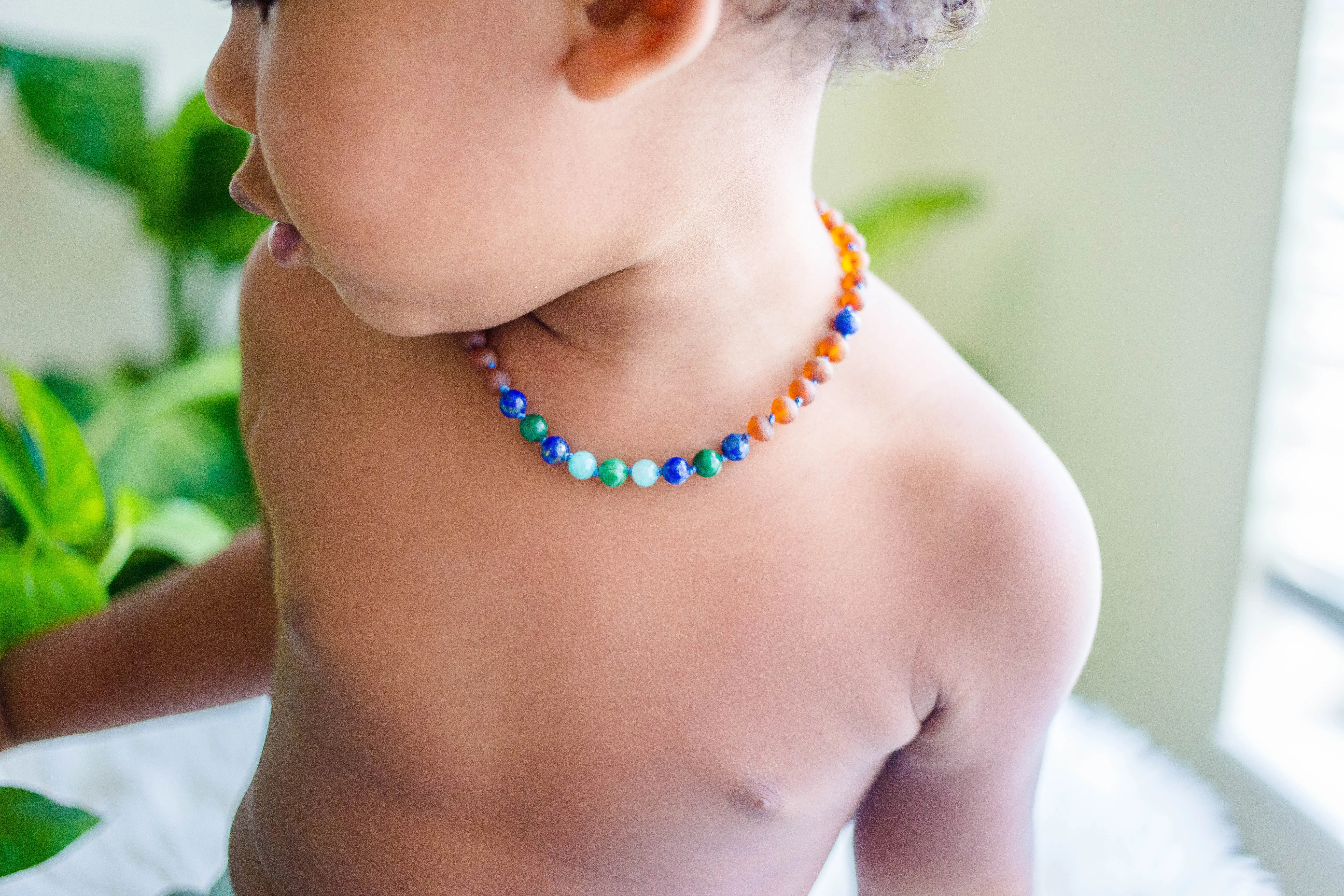 African Jade, Amazonite, Lapis Lazuli, and Baltic Amber Teething Necklace