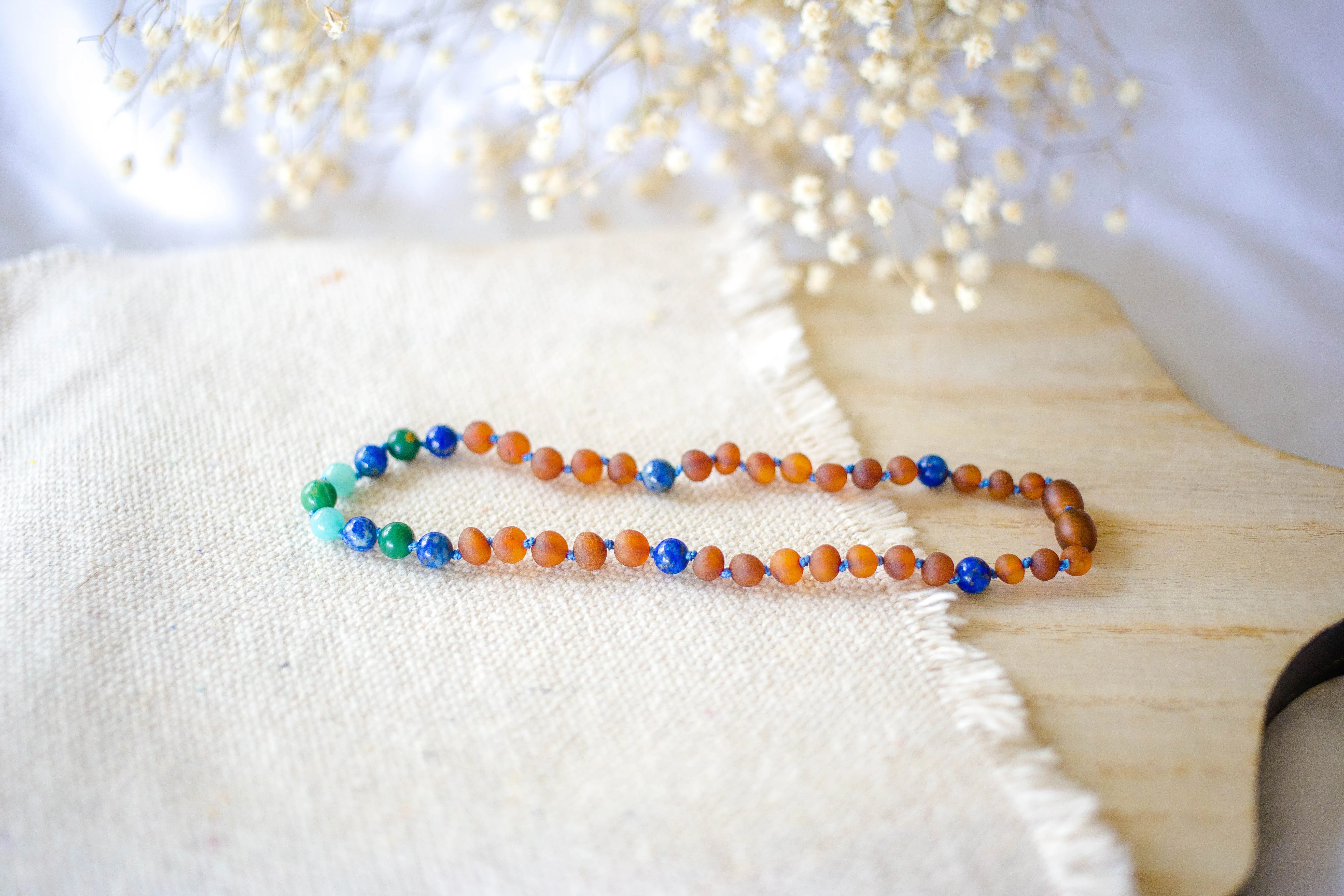 African Jade, Amazonite, Lapis Lazuli, and Baltic Amber Teething Necklace