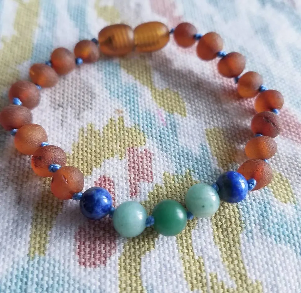 African Jade, Amazonite, Lapis Lazuli, and Baltic Amber Teething Necklace