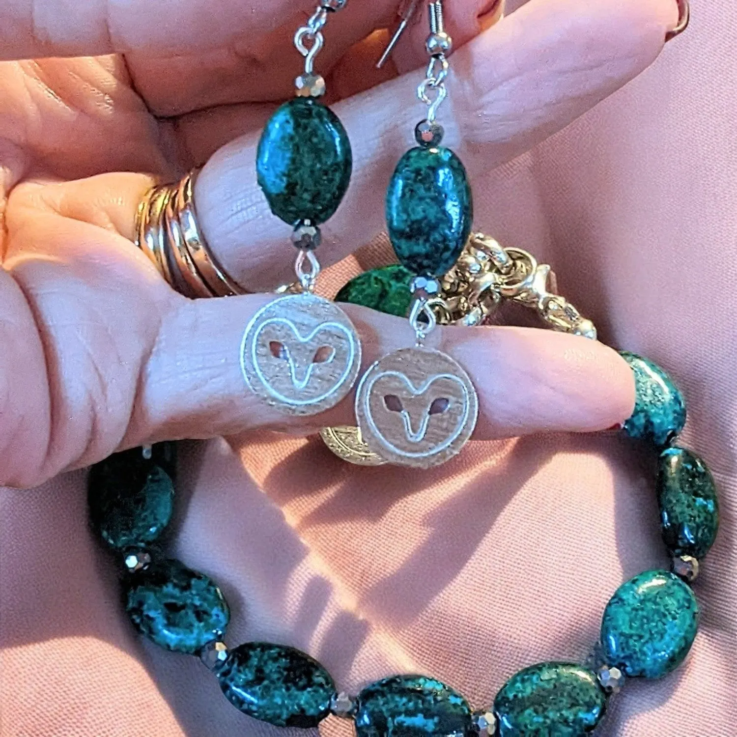 African Turquoise Jasper Owl Bracelet/Earring Set