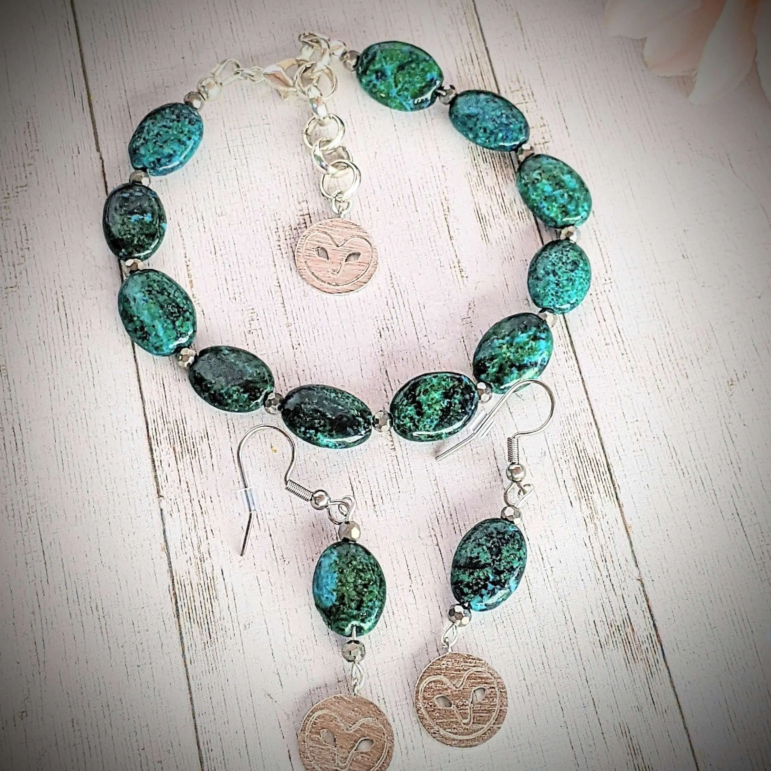 African Turquoise Jasper Owl Bracelet/Earring Set