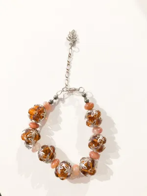 Amber Bead Cluster Bracelet with Silver Leaf