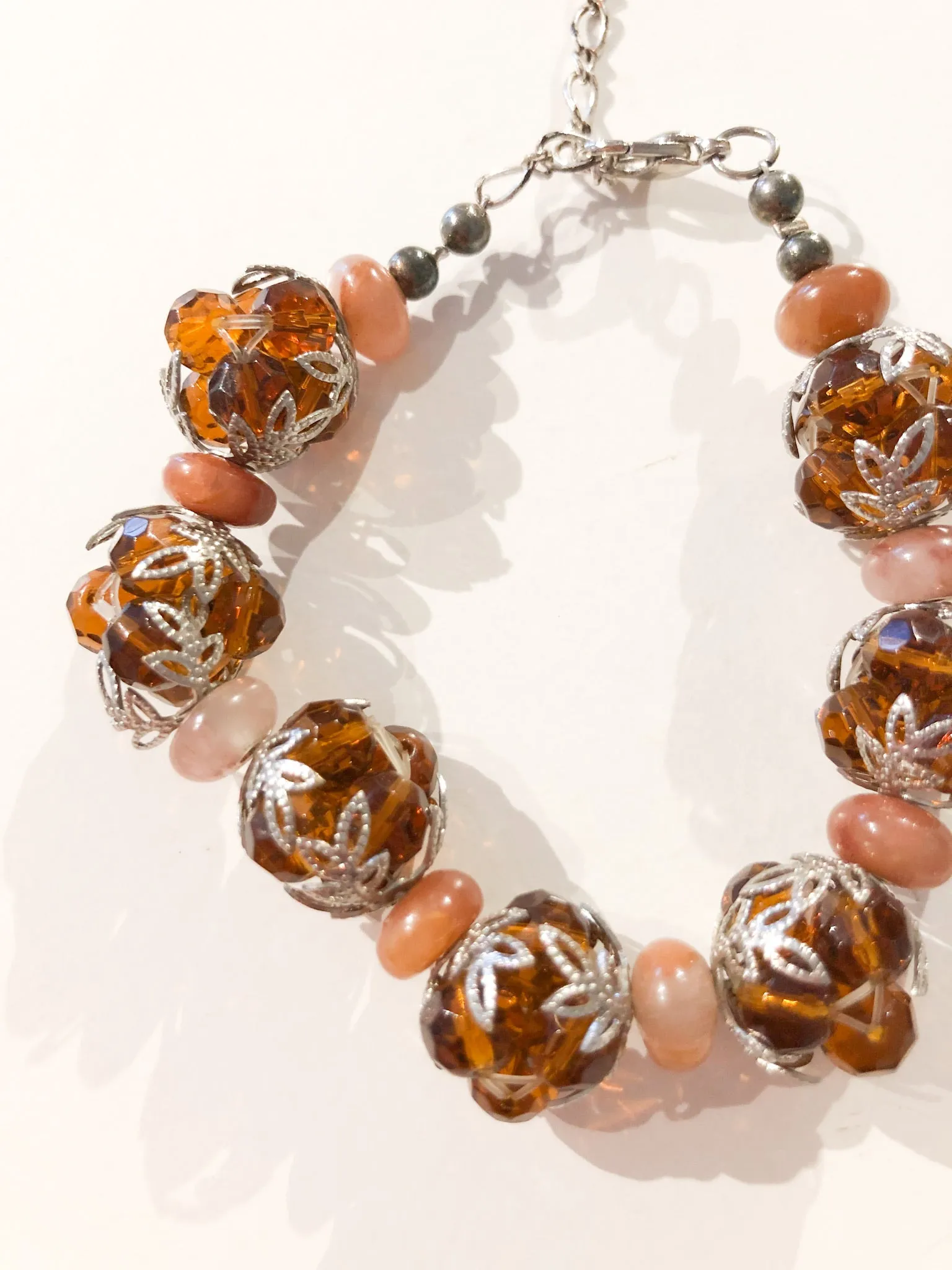 Amber Bead Cluster Bracelet with Silver Leaf