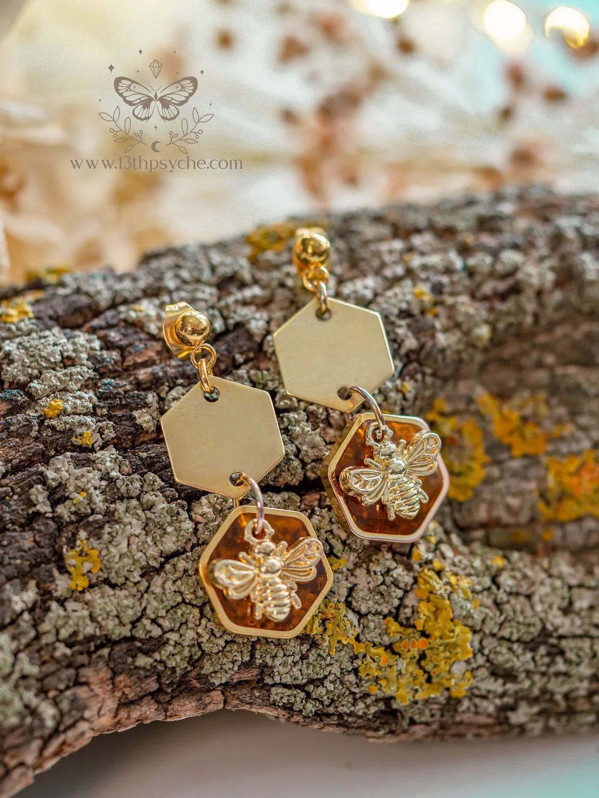 Amber hexagon and bee earrings