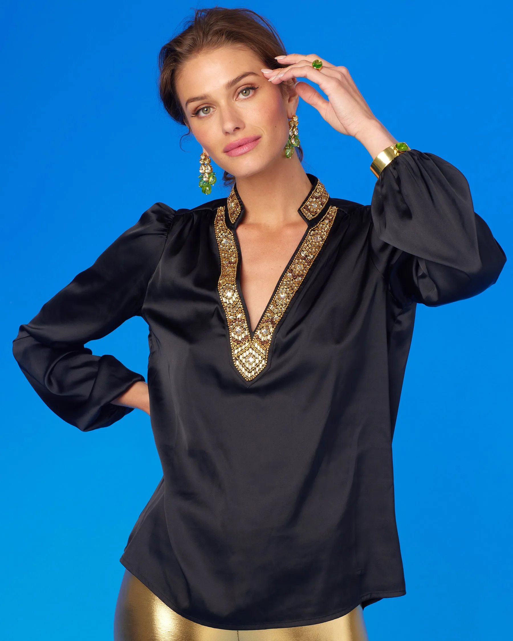 Anastasia Blouse in Black and Art Deco Embellishment