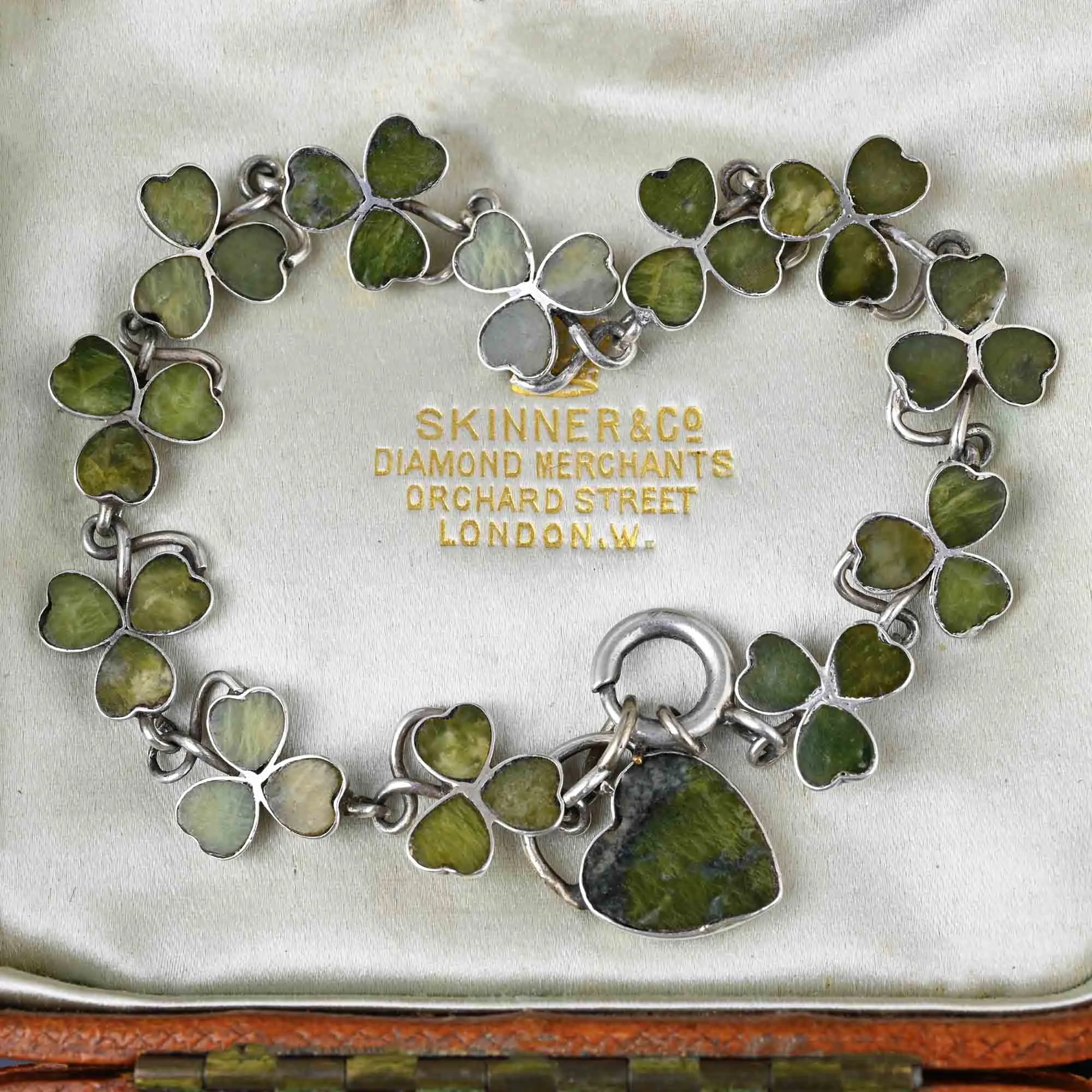 Antique Connemara Marble Shamrock Bracelet w Heart Padlock