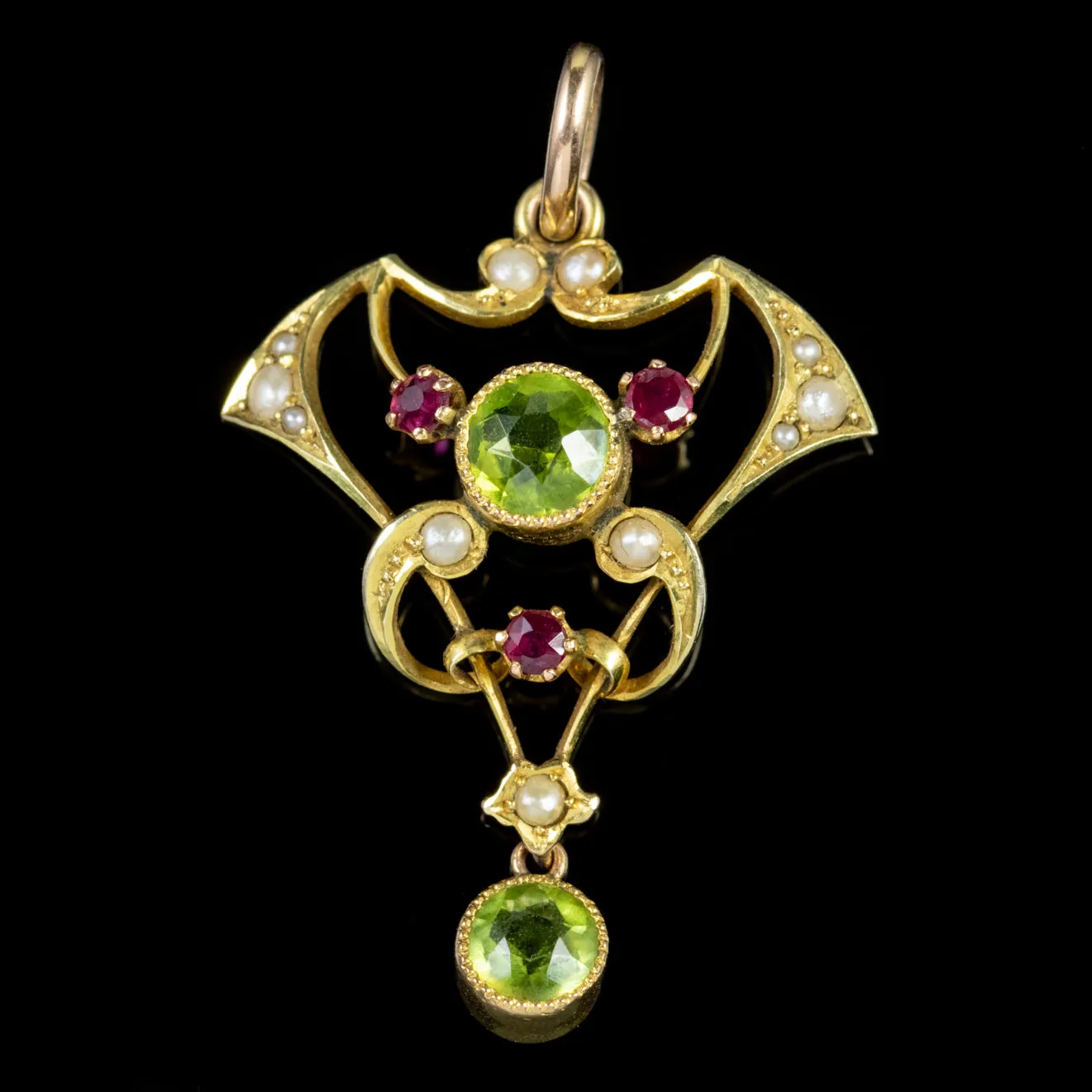 Antique Edwardian 9Ct Gold Ruby Peridot Pearl Pendant Circa 1910