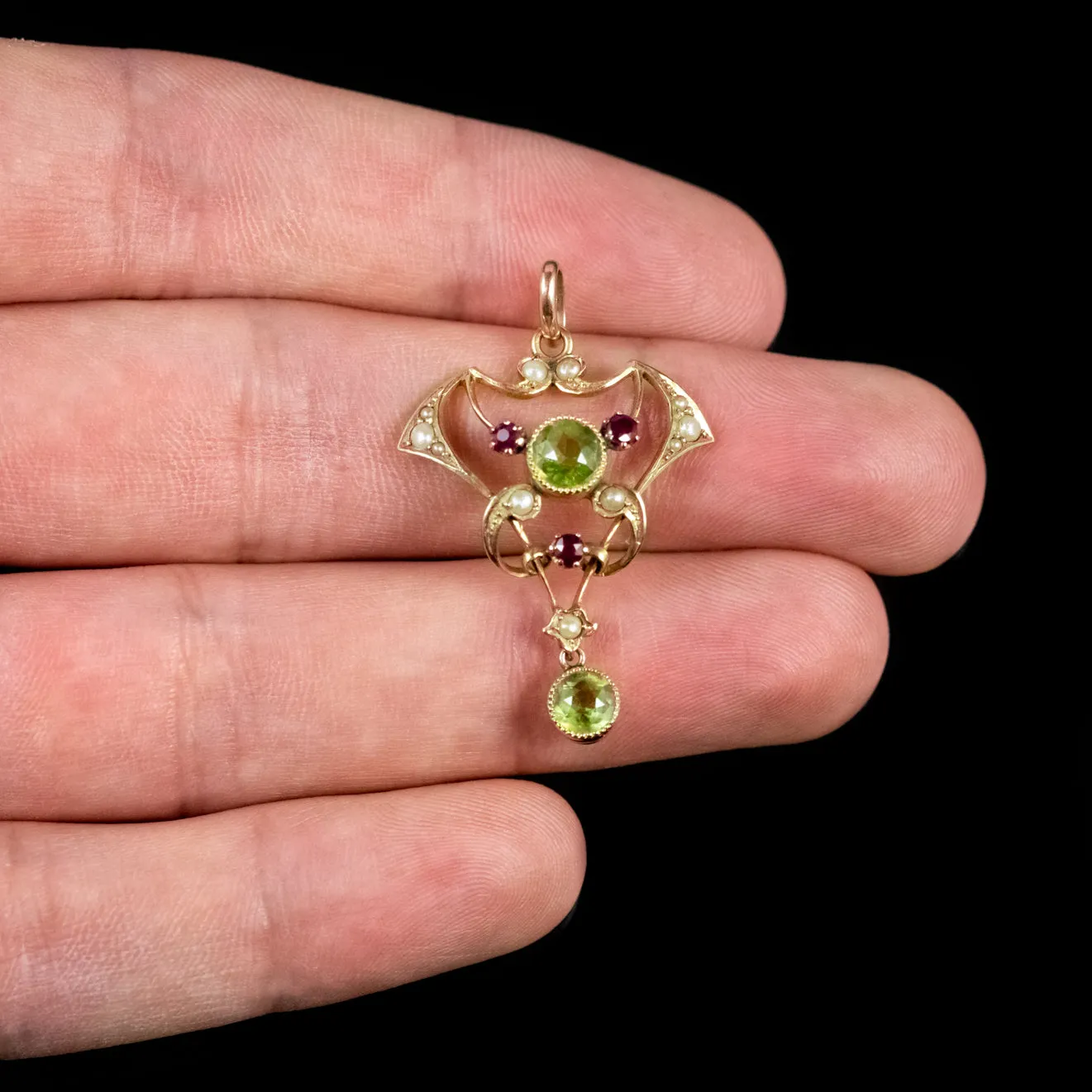 Antique Edwardian 9Ct Gold Ruby Peridot Pearl Pendant Circa 1910