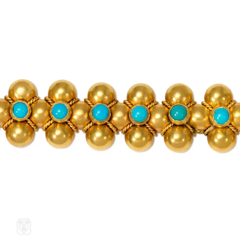 Antique French gold and turquoise quatrefoil bracelet