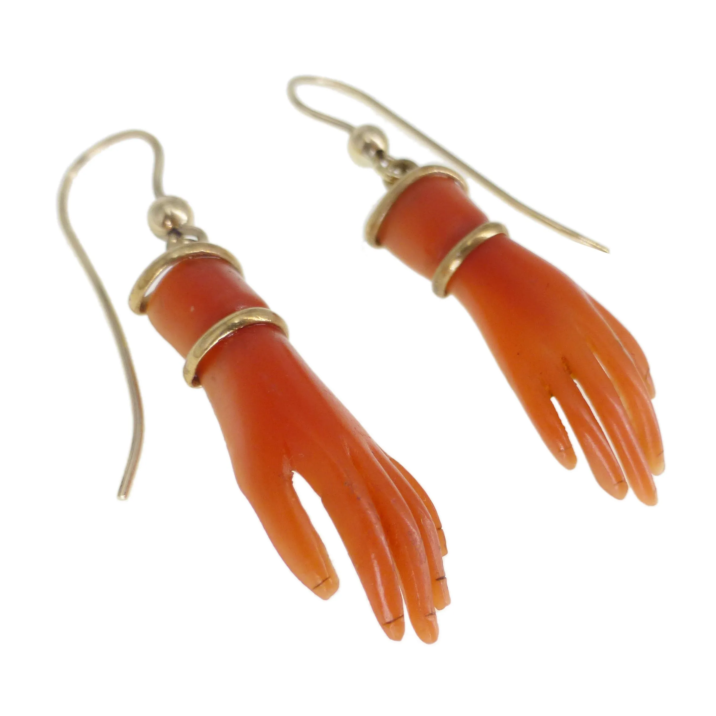 Antique Gold & Coral Celluloid Hand Gold Earrings