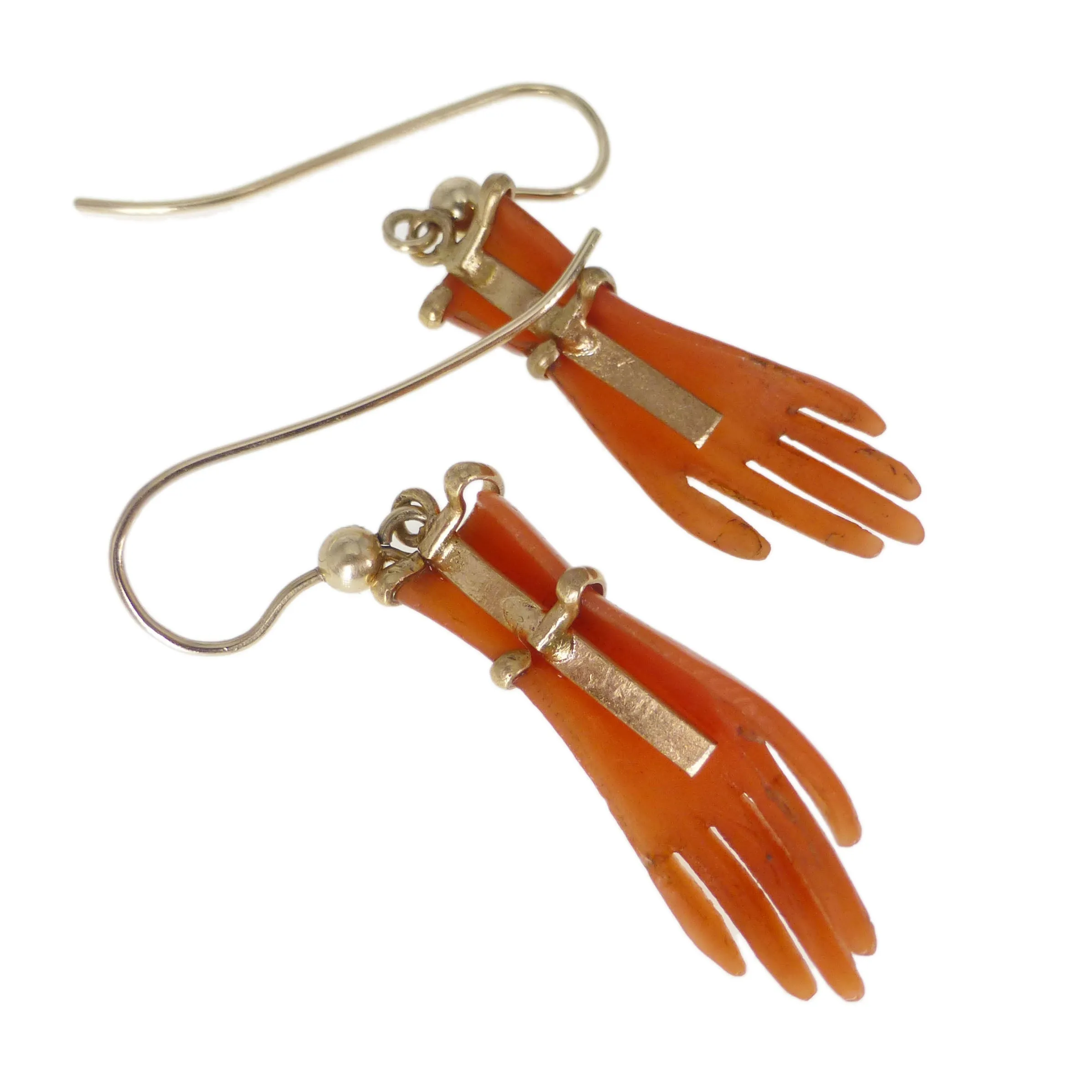 Antique Gold & Coral Celluloid Hand Gold Earrings