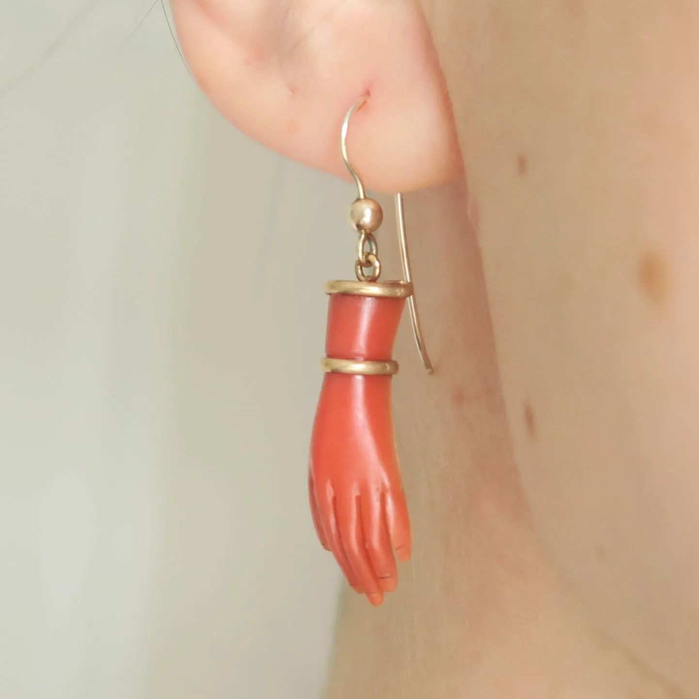 Antique Gold & Coral Celluloid Hand Gold Earrings