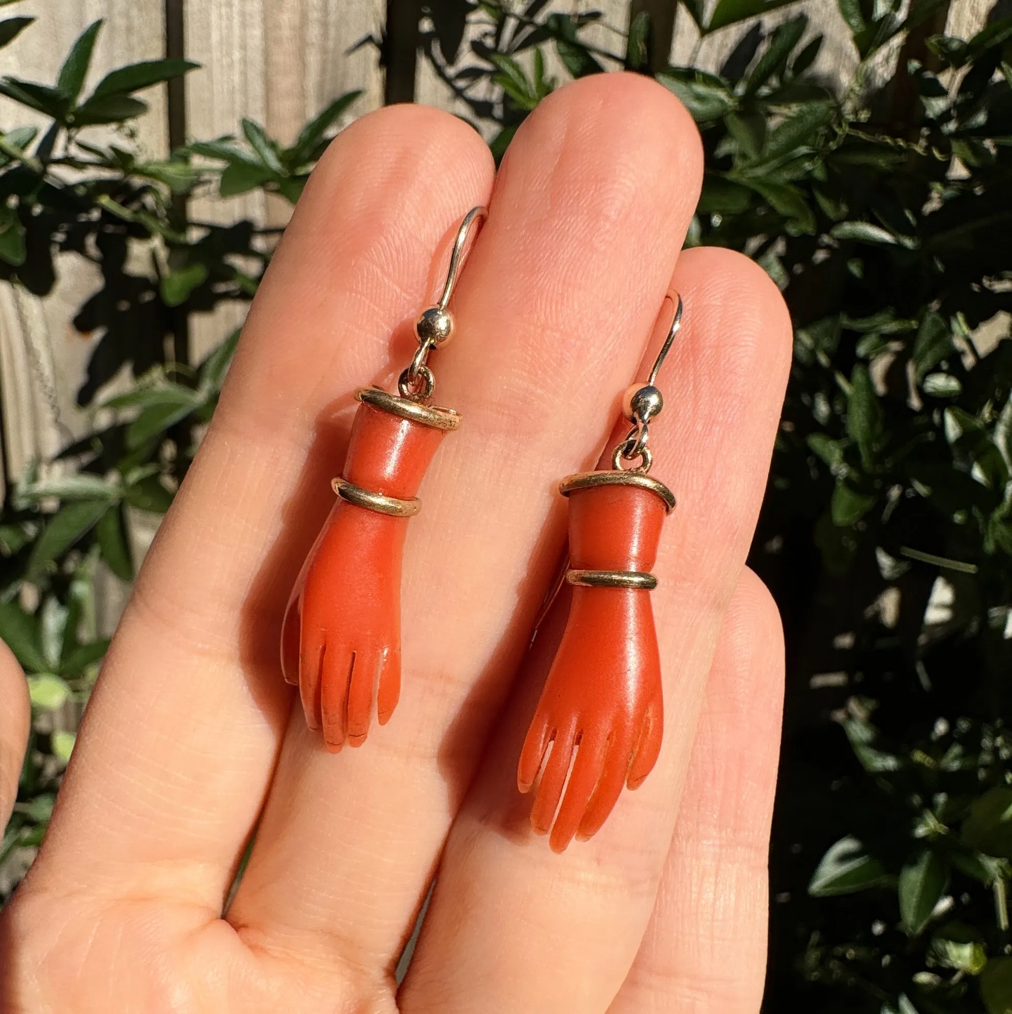 Antique Gold & Coral Celluloid Hand Gold Earrings