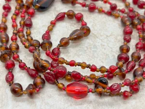 Antique Red Art Glass and Amber Glass Flapper Necklace