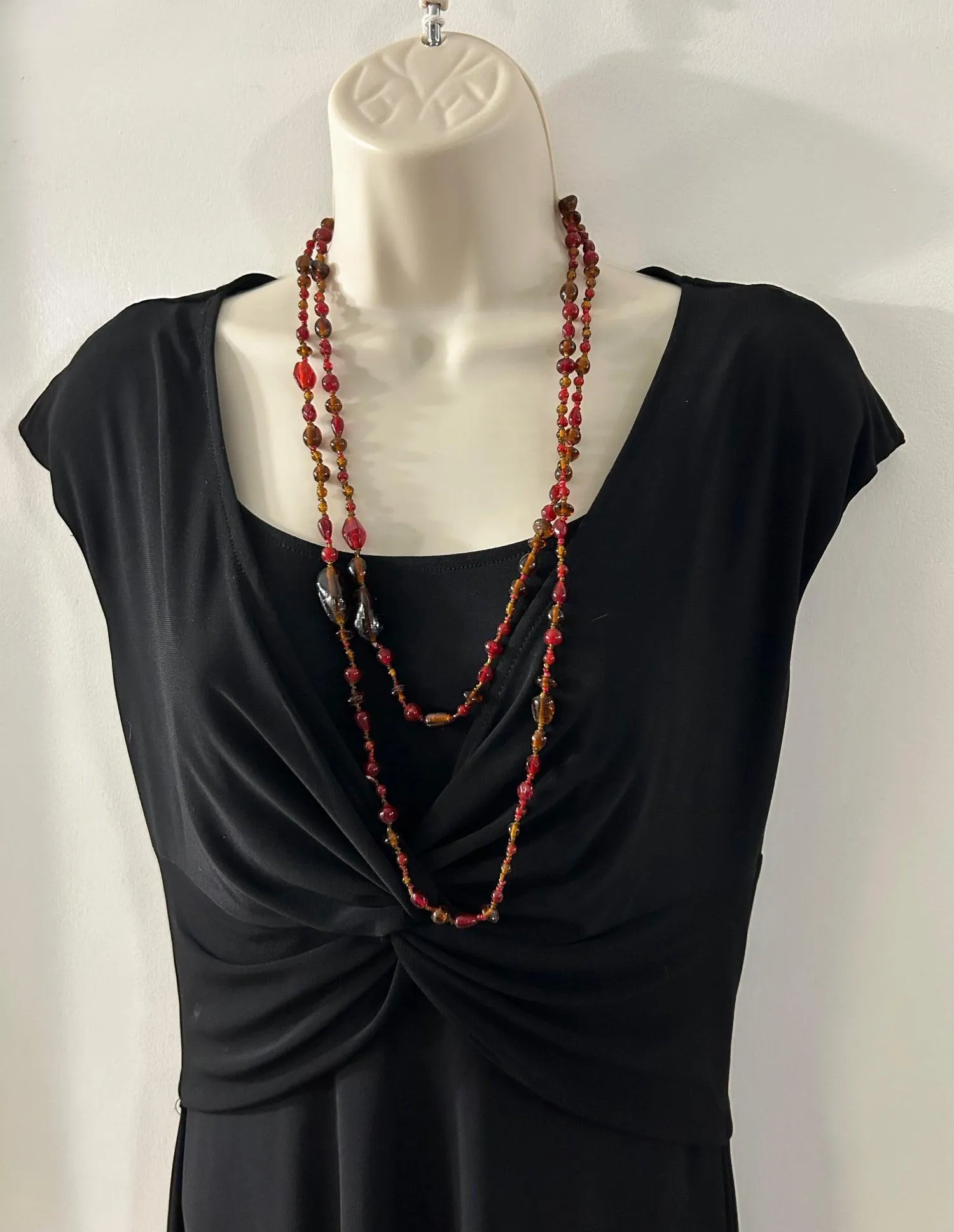 Antique Red Art Glass and Amber Glass Flapper Necklace