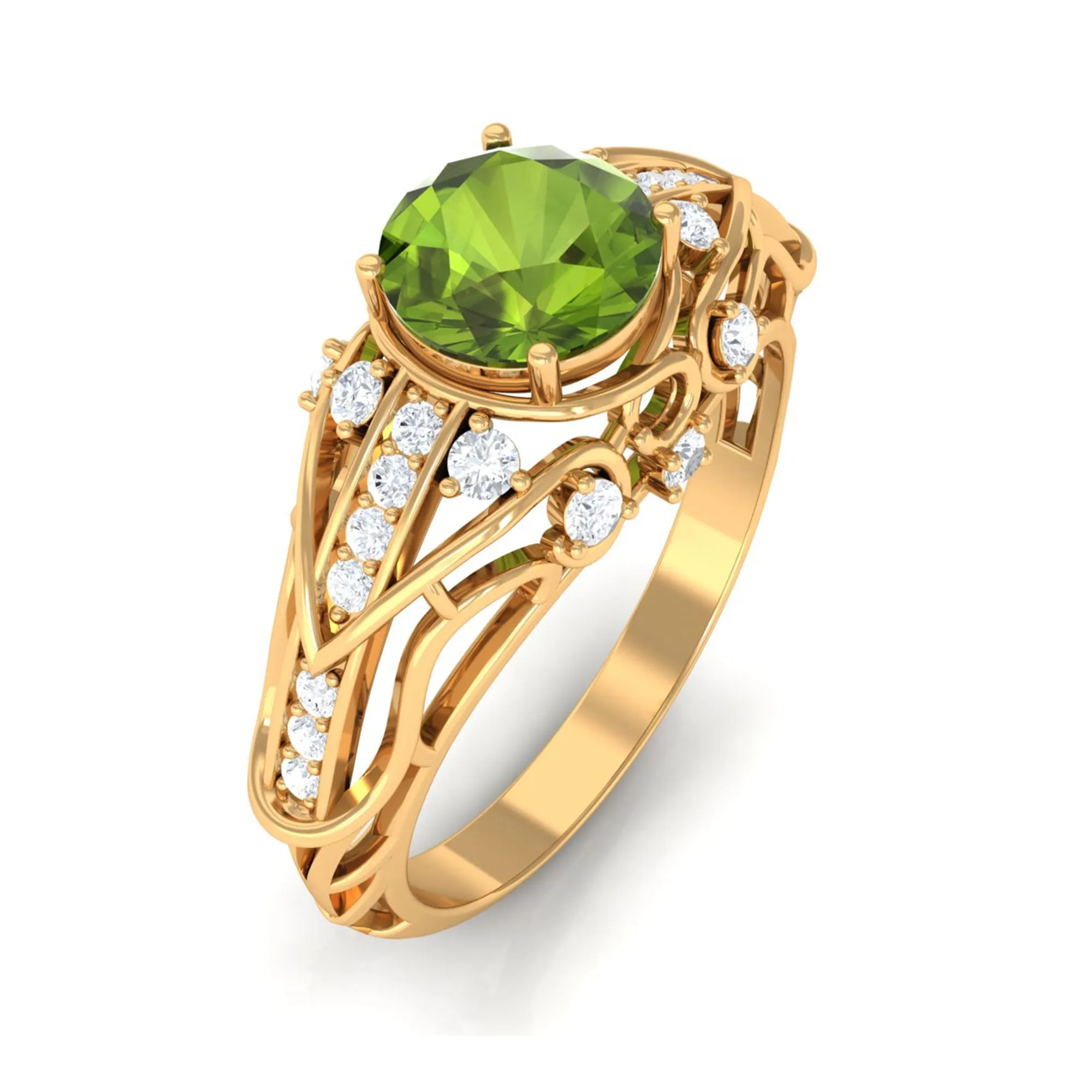 Antique Style Round Peridot Engagement Ring with Diamond