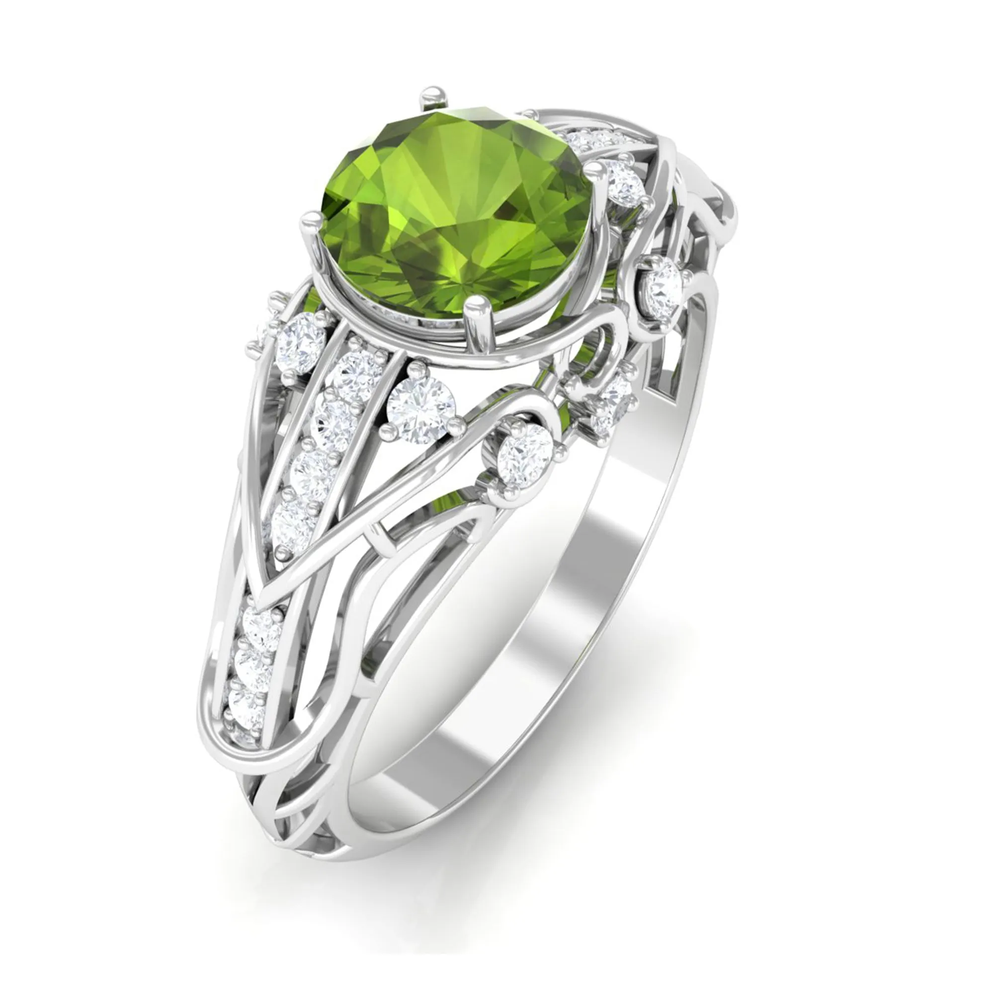 Antique Style Round Peridot Engagement Ring with Diamond