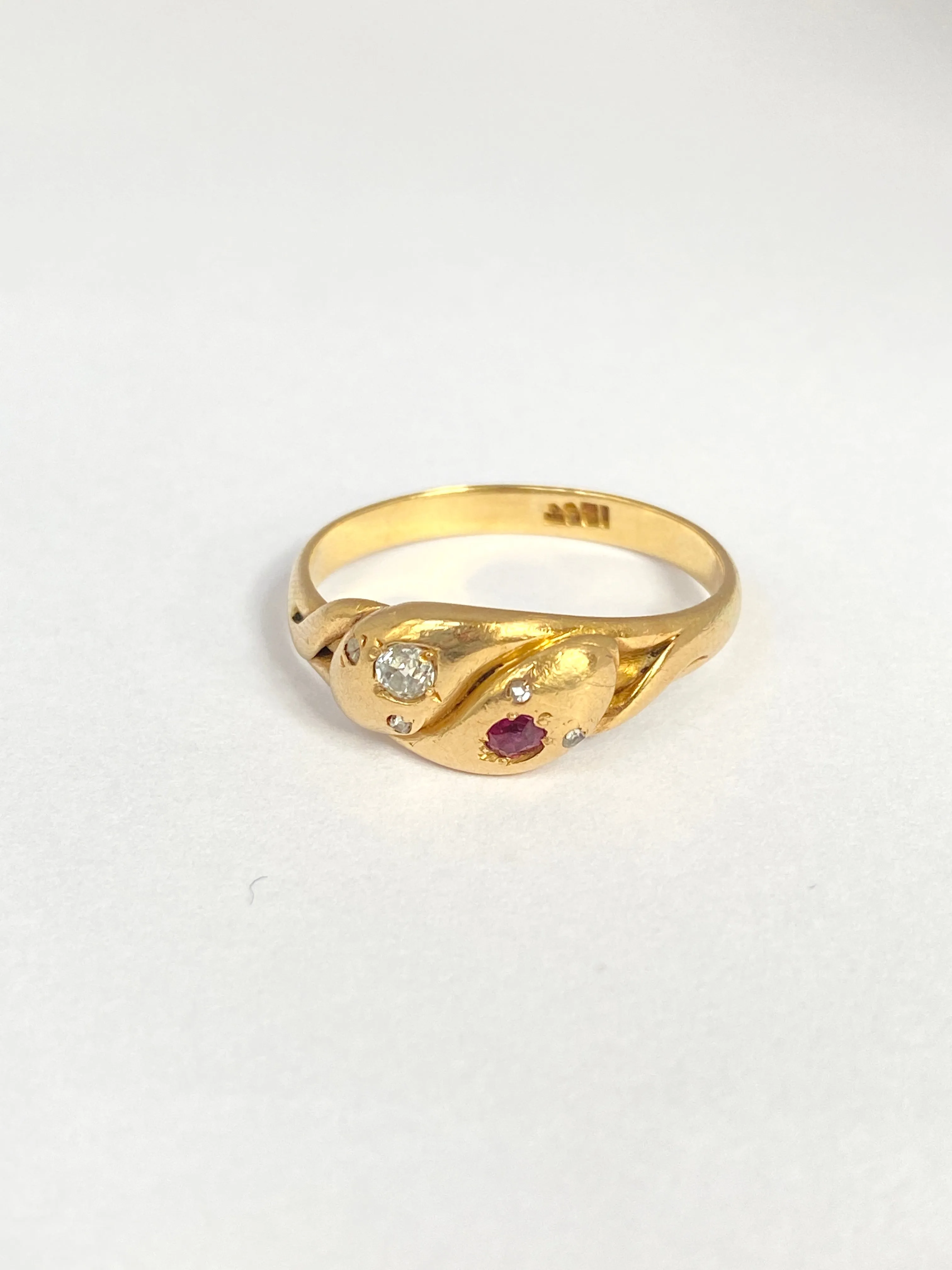 Antique, Victorian 18ct Gold, Double Diamond and Ruby Snake Ring with Diamond eyes, Hallmarked 18ct Gold