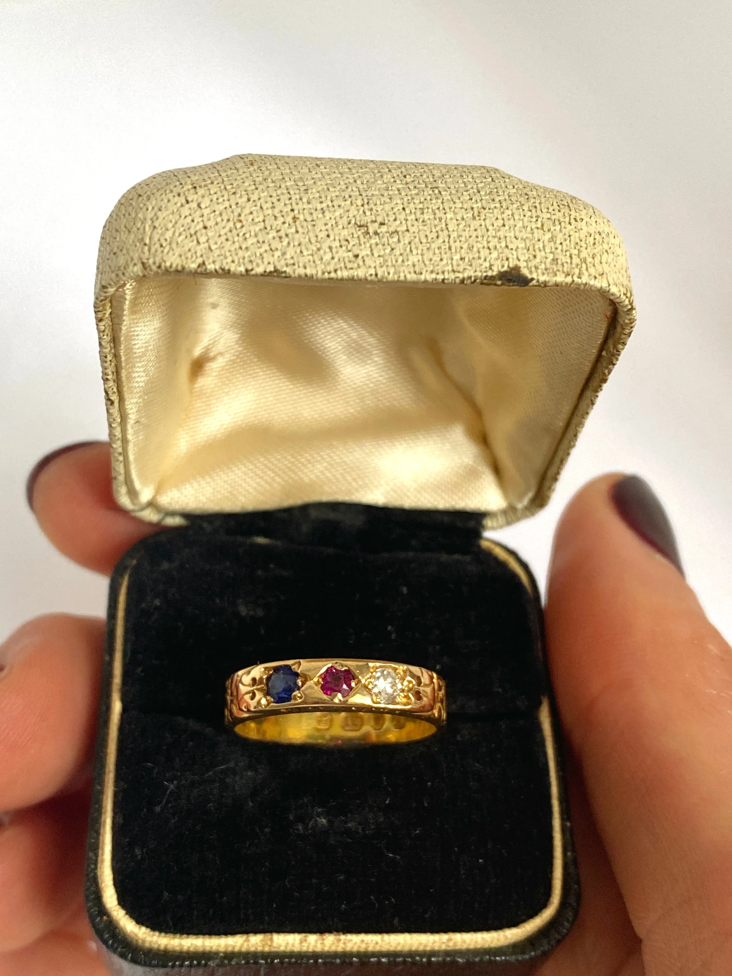 Antique, Victorian 18ct Gold Ruby, Sapphire and Diamond Tricolour Ring, Hallmarked, London 1876