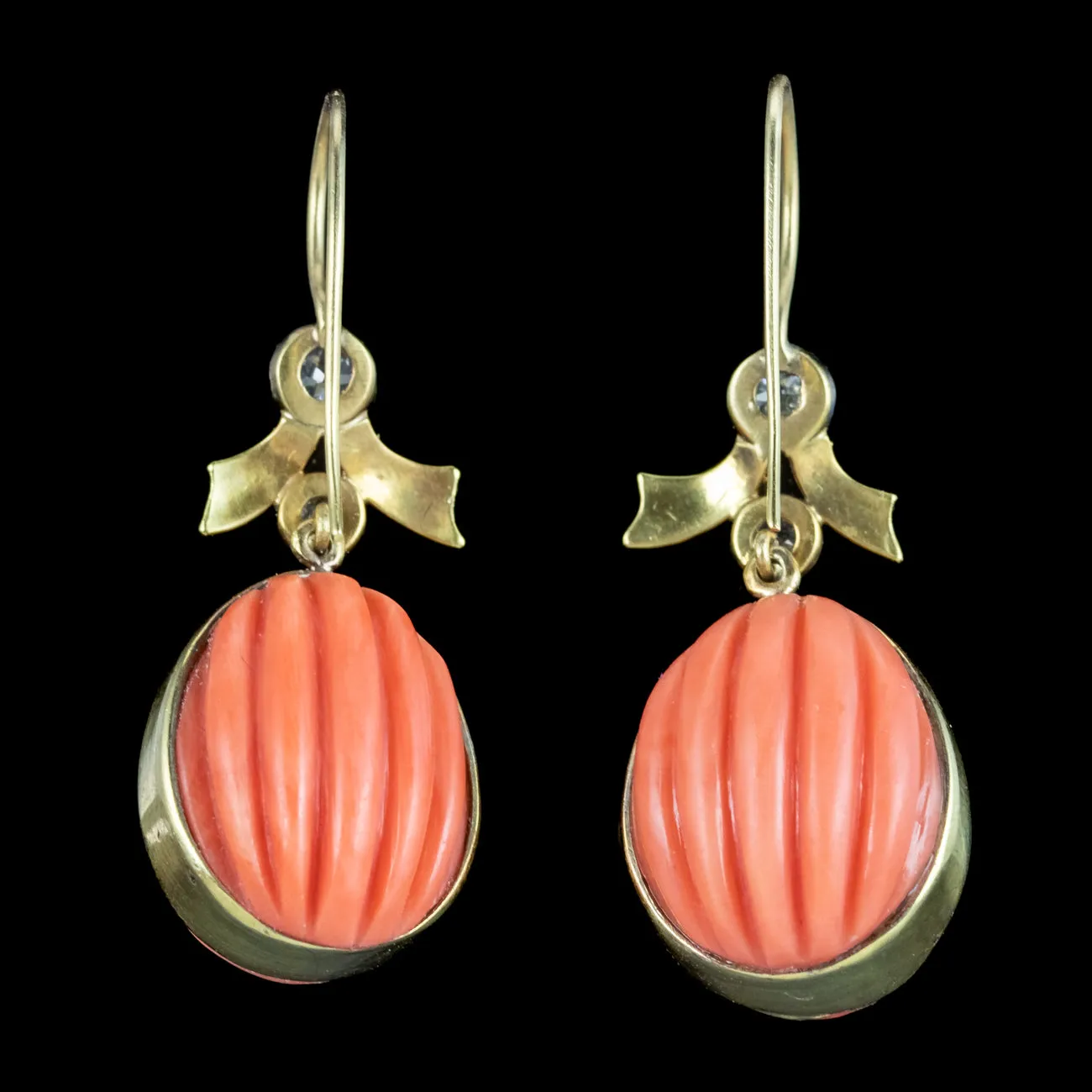 Antique Victorian Coral Diamond Drop Earrings 18ct Gold