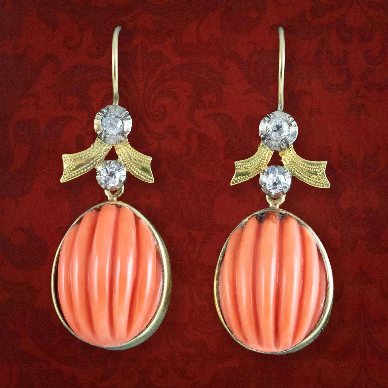 Antique Victorian Coral Diamond Drop Earrings 18ct Gold