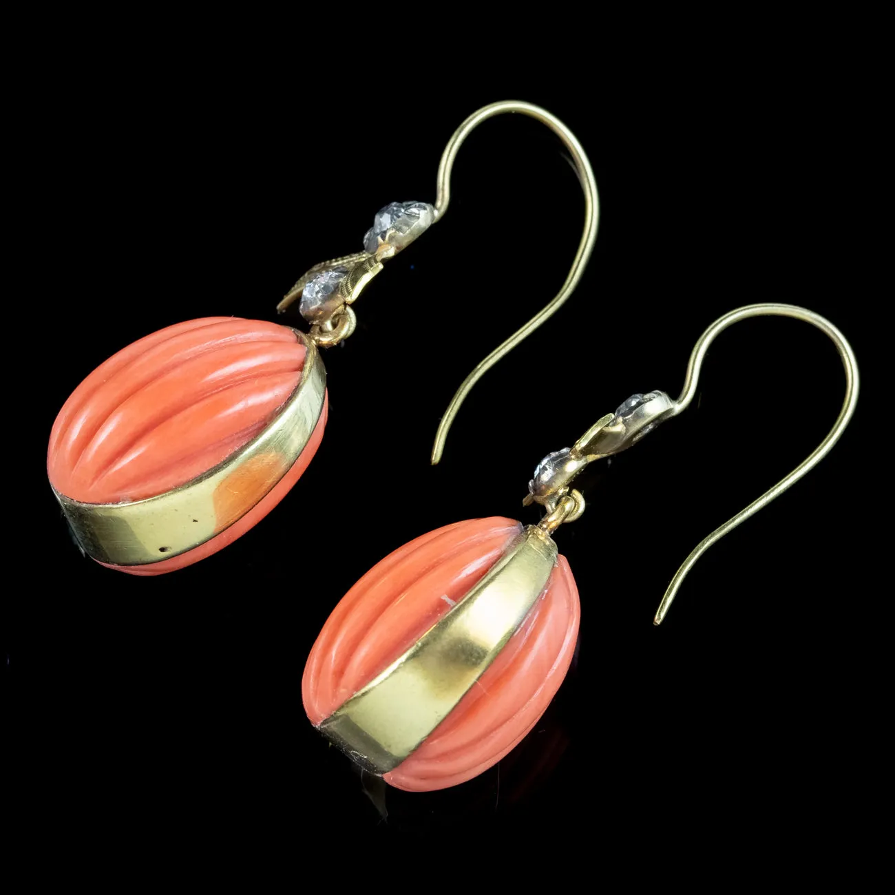 Antique Victorian Coral Diamond Drop Earrings 18ct Gold